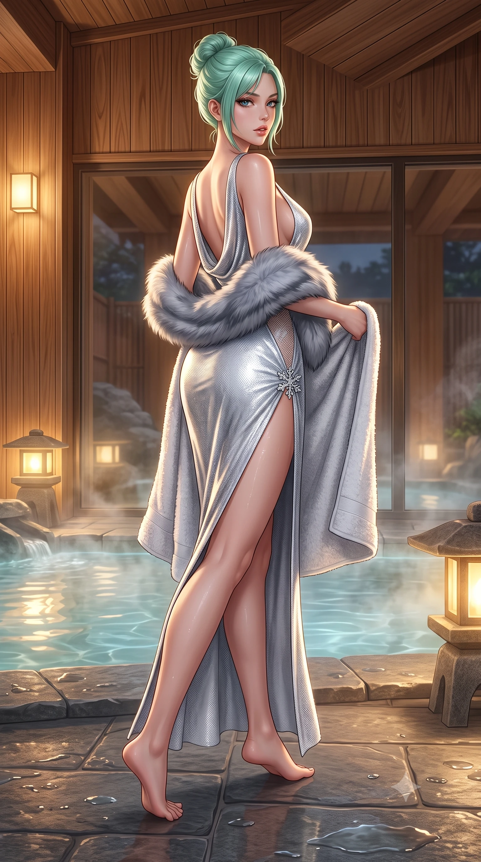 score_9, masterpiece, best quality, ultra-detailed, high-budget anime keyframe, semi-realistic 3D game render, editorial fashion photography, tasteful artistic composition, Japanese woman. low angle full-body shot from head to toe showing her feet, filling the entire 9:16 vertical frame with her statuesque presence, stretching her vertical silhouette. executing an elegant mid-motion turn as garments swirl around her slender limbs, glancing over her shoulder with smoldering allure while stepping out onto the heated stone pool deck, wrapping a plush towel around her waist with effortless supermodel poise. The surrounding environment is rendered in vivid detail and crisp panoramic clarity. crisp cedar wood grain, steam droplet beads on stone, and mineral water ripple caustics in deep focus. She has an absolutely perfect, statuesque 8.5-heads proportion, an exceptionally tall and slender model-like female figure with impossibly long slender legs, a toned flat midriff, and an ultra-slim waist. sharp v-shaped jawline, high-bridge nose, intricate jewel-like eyes with depth, thick eyelashes, glossy parted lips with a natural sheen, intensely captivating and seductive expression, flawlessly proportioned anatomical accuracy, strict slender model proportions, natural body alignment, perfectly sculpted long slender limbs, ultra-slim waistline, clean dynamic posture without body distortion. wearing a crystalline silver lamé cowl-neck gown with a deep back scoop and fur stole draped over her arms in winter slate grey and pearl luster, made of thermal technical mesh with sheer ventilation panels, accented with an ultra-high side slit secured by crystal snowflake clasps, the precision-cut daring openings accentuating her delicate midriff, graceful bare collarbones, and ultra-slim feminine waistline. bathed in soft underwater pool illumination and warm golden stone lantern downlights. highly saturated vibrant anime colors, detailed shading with soft gradients, rich glossy textures, high-contrast stereoscopic depth, volumetric dynamic lighting, master piece, 9:16 ratio