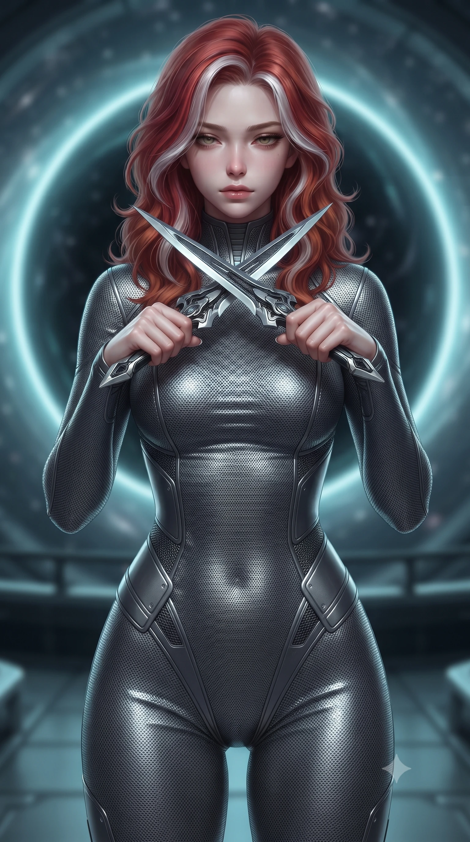 score_9, masterpiece, best quality, ultra-detailed, high-budget anime keyframe, editorial fashion photography, tasteful artistic composition, Caucasian woman. close-up cowboy shot from the waist and thighs up, the character dominates the composition, filling the frame with her large presence, background elements kept in soft focus. holding two energy daggers crossed in front of her elegant collarbone, casting a heavy-lidded, sultry look, the background shows a soft-focus a circular catwalk wrapping around a shielded micro-black hole engine core. She has an exceptionally elegant, slender, and willowy female figure with an ultra-slim waist, a gracefully sculpted slender torso, and a refined silhouette. sharp v-shaped jawline, high-bridge nose, intricate jewel-like eyes with depth, thick eyelashes, glossy lips with a natural sheen. wearing a tailored form-fitting dark grey nano-mesh bodysuit with a high-neck collar, tracing her slender waist and hips. distorted starlight bending around the dark sphere, casting circular cyan rim lights. ultra-reflective glossy finish, specular highlights, metallic sheen, high-contrast stereoscopic depth, volumetric dynamic lighting, 2k, ultra detail, master piece, 9:16 ratio