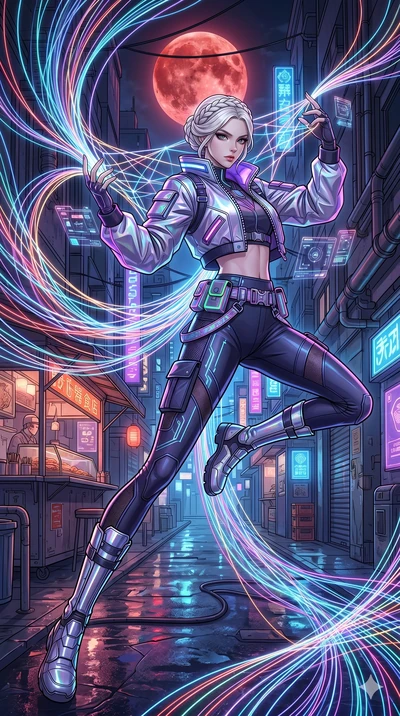 score_9, masterpiece, best quality, ultra-detailed, high-budget anime movie keyframe, cinematic anime lighting, intricate line art, Japanese woman. Dynamic full-body shot stretching the vertical silhouette across the 9:16 frame. weaving threads of li