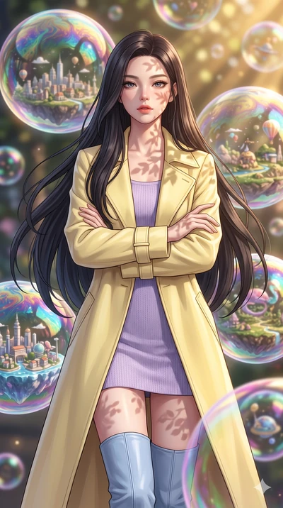 score_9, masterpiece, best quality, ultra-detailed, high-budget anime keyframe, editorial fashion photography, tasteful artistic composition, Korean woman. close-up cowboy shot from the waist and thighs up, the character dominates the composition, fi