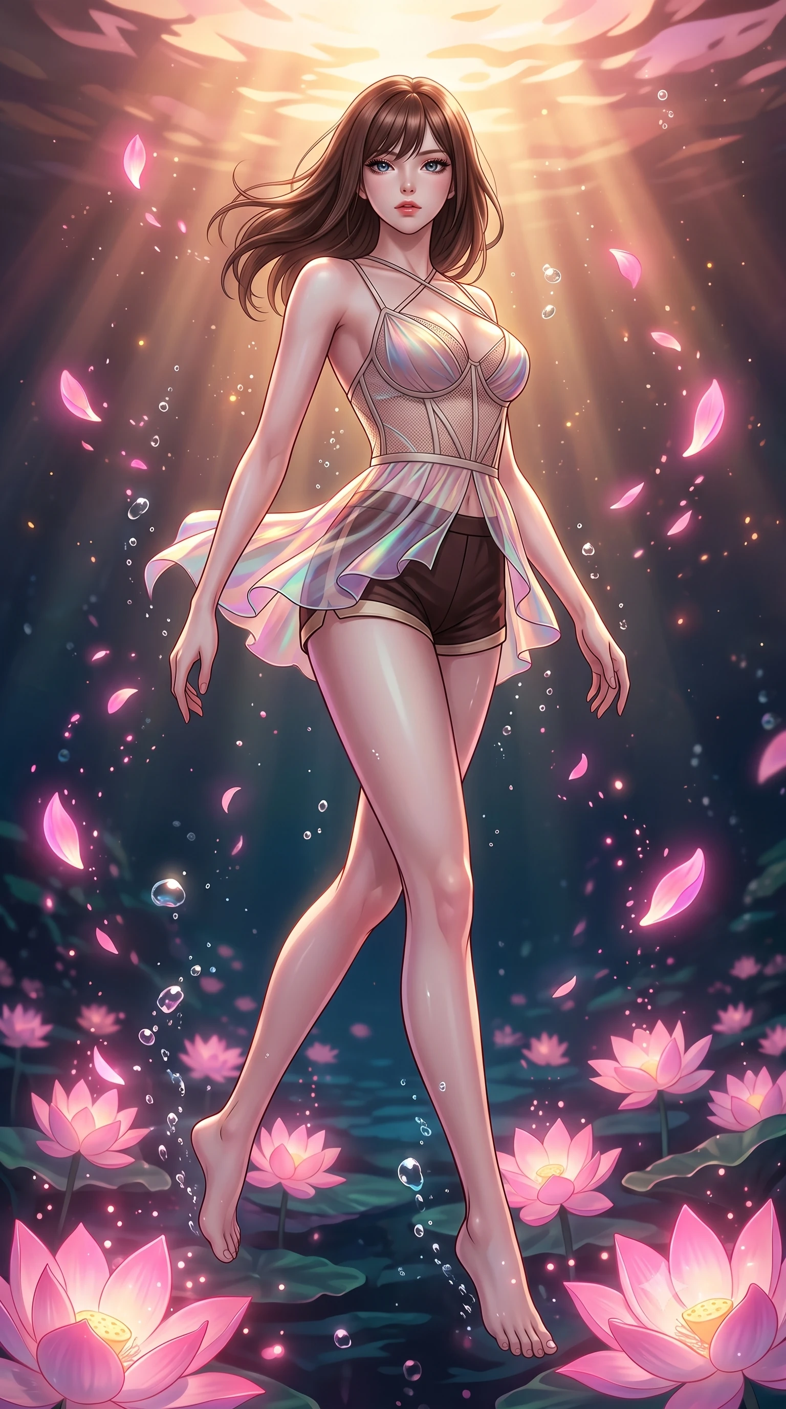 score_9, masterpiece, best quality, ultra-detailed, high-budget anime keyframe, editorial fashion photography, tasteful artistic composition, Korean woman. low angle full-body shot from head to toe showing her feet, filling the entire 9:16 vertical frame with her statuesque presence, stretching her vertical silhouette. stepping forward in a proud dynamic stride, her vertical silhouette filling the frame with statuesque presence while floating underwater in a dynamic mid-air spin over a glowing lotus reef in a subterranean lagoon, glowing pink lotus petals scattering soft bioluminescent spores around her silhouette. She has an absolutely perfect, statuesque 8.5-heads proportion, an exceptionally tall and slender model-like female figure with impossibly long slender legs and an ultra-slim waist. sharp v-shaped jawline, high-bridge nose, intricate jewel-like eyes with depth, thick eyelashes, glossy lips with a natural sheen, flawlessly proportioned anatomical accuracy, natural body alignment, perfectly sculpted elegant limbs, clean dynamic posture without body distortion. wearing a delicate see-through mesh top with structured cup boning and micro-shorts in espresso brown and warm cream, crafted from iridescent chiffon that shifts colors in the light, complemented by criss-cross back straps highlighting her bare shoulders, the glove-like fit emphasizing her statuesque silhouette during motion. illuminated by radiant pink bioluminescence and warm golden top lighting. highly saturated vibrant anime colors, detailed shading with soft gradients, rich glossy textures, high-contrast stereoscopic depth, volumetric dynamic lighting, master piece, 9:16 ratio