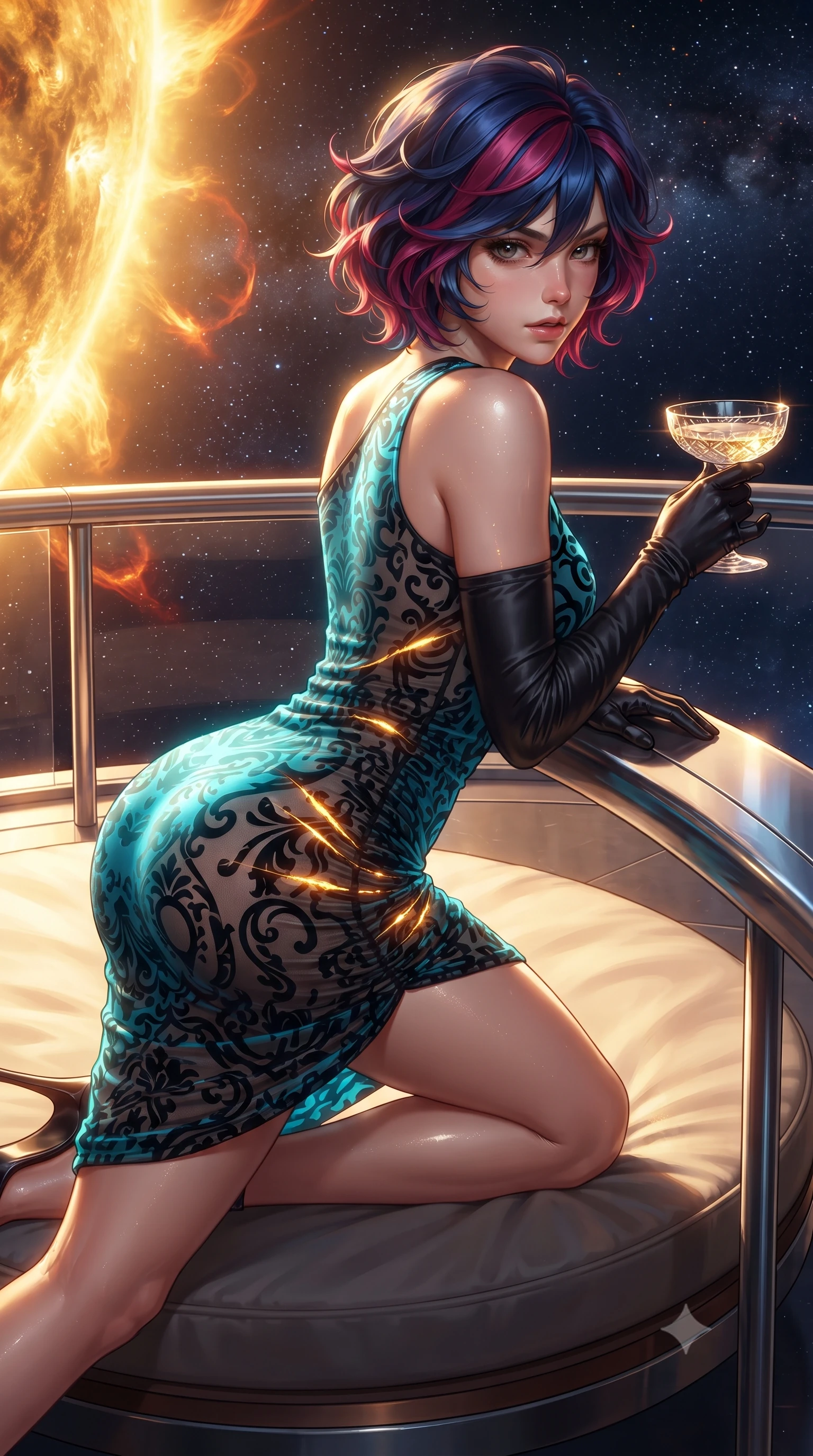 score_9, masterpiece, best quality, ultra-detailed, high-budget anime keyframe, editorial fashion photography, tasteful artistic composition, Korean woman. close-up cowboy shot from the waist and thighs up, the character dominates the composition, filling the frame with her large presence. leaning forward against the polished railing with her hips cocked back, creating an intoxicating curve from her narrow waist to sculpted hips as she gazes back into the lens while reclining languidly across a circular daybed with one knee drawn up, molten solar flares and deep space starlight tracing her curvy hips and flat midriff. The surrounding environment is rendered in vivid detail and crisp panoramic clarity. detailed metallic gown texture, starlight glints on skin, and cosmic vacuum clarity in high resolution. She has an exceptionally elegant, slender, and willowy female figure with an ultra-slim waist, flat toned midriff, narrow ribcage, and sculpted feminine hips creating an alluring, slim hourglass silhouette without bulk. sharp v-shaped jawline, high-bridge nose, intricate jewel-like eyes with depth, thick eyelashes, glossy parted lips with a natural sheen, intensely captivating and seductive bedroom-eyes expression, flawlessly proportioned anatomical accuracy, strict slender model proportions, natural body alignment, perfectly sculpted long slender limbs, ultra-slim waistline, clean dynamic posture without body distortion. wearing a form-contouring cocktail dress with an asymmetrical open shoulder and hip-defining ruching in neon electric cyan and lacquer black, made of sheer contouring power-mesh with velvet flocking patterns, accessorized with opera-length satin gloves and a vintage crystal glass, the liquid-tight tailored fabric clinging flawlessly to her narrow waist and rounded feminine hips, emphasizing every millimeter of her sculpted slim hourglass curves without any bulky heaviness. bathed in glorious molten golden solar radiation backlighting filtered through high-tech polarized glass. ultra-reflective glossy finish, specular highlights, rich textural contrasts, high-contrast stereoscopic depth, volumetric dynamic lighting, 2k, ultra detail, master piece, 9:16 ratio