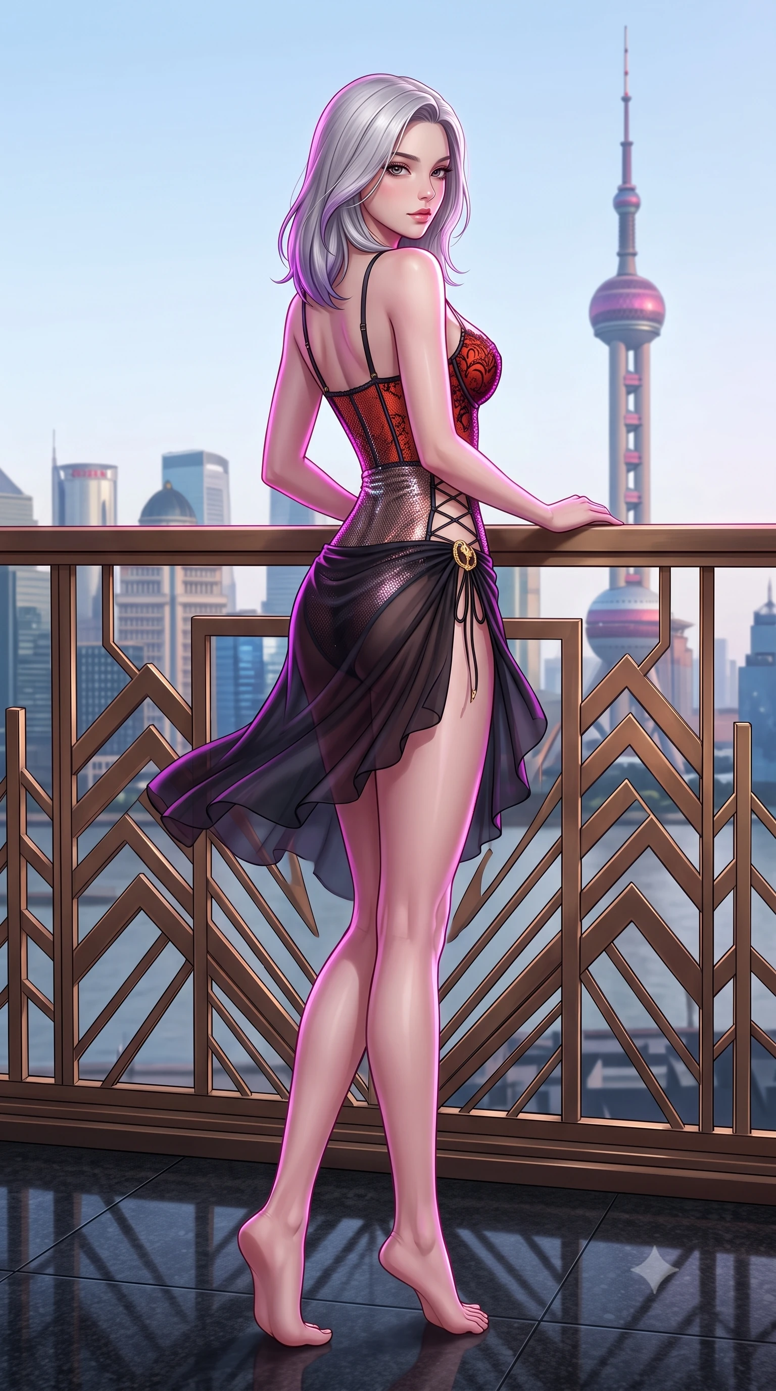 score_9, masterpiece, best quality, ultra-detailed, high-budget anime keyframe, semi-realistic 3D game render, editorial fashion photography, tasteful artistic composition, Caucasian woman. low angle full-body shot from head to toe showing her feet, filling the entire 9:16 vertical frame with her statuesque presence, stretching her vertical silhouette. executing a slow, graceful pivot turn as her skirt sways around her slender legs, glancing back with an enchanting, teasing sensual expression while leaning against the stepped geometric bronze balustrade with hips cocked back, looking over a bare shoulder toward the Oriental Pearl Tower with bedroom-eyes. The surrounding environment is rendered in vivid detail and crisp panoramic clarity: sharp geometric Art Deco bronze railing chevrons, flamed black granite floor seams, and distant skyscraper glass facet clarity in deep focus. She has an absolutely perfect, statuesque 8.5-heads proportion, an exceptionally tall and slender model-like female figure with impossibly long slender legs, an ultra-slim waist, a flat toned midriff, narrow delicate ribcage, and beautifully sculpted feminine hips creating a graceful, slim hourglass silhouette without any bulky heaviness. sharp v-shaped jawline, high-bridge nose, sparkling eyes with hypnotic seductive depth, thick curled eyelashes, glossy parted lips with a natural dewy peach sheen, alluring bedroom-eyes with an enchanting coquettish smile, exuding magnetic siren charisma and sophisticated glamour, flawlessly proportioned anatomical accuracy, strict slender model proportions, natural body alignment, perfectly sculpted long slender limbs, ultra-slim waistline, clean dynamic posture without body distortion. wearing a delicate French lace underwire bustier paired with a draped sheer chiffon wrap mini skirt and gold hip brooch in Pudong electric vermilion and obsidian lacquer, crafted from shimmering fluid chainmail mesh reflecting ambient lights, featuring fine criss-cross lace-up side ties revealing tantalizing glimpses of her hip curve, the second-skin tailored fabric adhering flawlessly to her sculpted flat midriff and slender torso, emphasizing her long leg lines and perfectly proportioned willowy build. illuminated by polished granite reflection fill and sharp electric-magenta rim lights sculpting her razor-sharp jawline, narrow waist, and curvy hips. highly saturated vibrant anime colors, detailed shading with soft gradients, rich glossy textures, high-contrast stereoscopic depth, volumetric dynamic lighting, master piece, 9:16 ratio