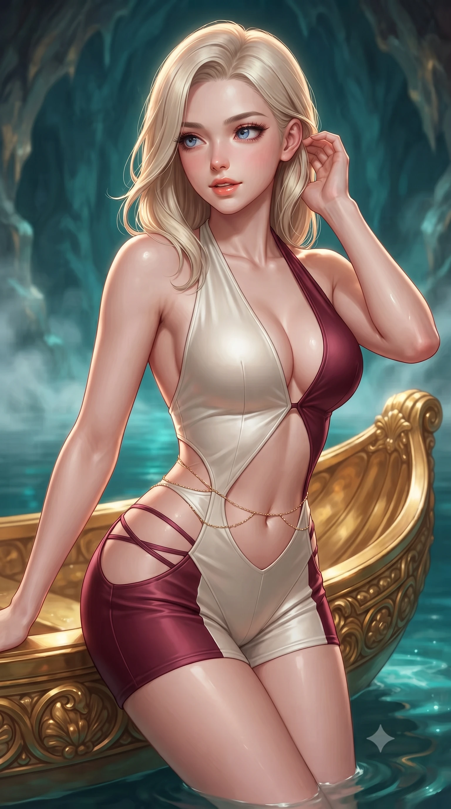 score_9, masterpiece, best quality, ultra-detailed, high-budget anime keyframe, editorial fashion photography, tasteful artistic composition, Caucasian woman. close-up cowboy shot from the waist and thighs up, the character dominates the composition, filling the frame with her large presence. gently brushing a lock of hair behind her ear while casting a playful, flirtatious side-gaze with long eyelashes while leaning against the ornate gilded golden shell boat with hips cocked back, looking across emerald underground waters with intoxicating bedroom-eyes. The background shows a soft-focus gentle heated cavern water vapor softened in royal operatic grotto shallow focus. She has an exceptionally elegant, slender, and willowy female figure with an ultra-slim waist, flat toned midriff, narrow ribcage, and sculpted feminine hips creating an alluring, slim hourglass silhouette without bulk. sharp v-shaped jawline, high-bridge nose, intricate jewel-like sparkling eyes with depth, thick eyelashes, glossy parted lips with a natural peach sheen, bright cheerful beaming smile with an enchanting and coquettish sensual glint, exuding both youthful cute charm and seductive allure, flawlessly proportioned anatomical accuracy, strict slender model proportions, natural body alignment, perfectly sculpted long slender limbs, ultra-slim waistline, clean dynamic posture without body distortion. wearing a daring low-cut halterneck romper with exposed midriff and strappy hip cutouts in Belvedere ivory pearl and Habsburg bordeaux wine, made of fluid liquid jersey with seamless sculpting hold and smooth contours, accented with a dainty gold belly chain resting across her flat midriff and curving hips, the bespoke structured tailoring following the natural line of her 8.5-heads silhouette with refined elegance. illuminated by underground lake reflection bounce and sharp gold-cyan dual rim lights defining her dewy collarbones, ultra-slim waist, and curvy hips. ultra-reflective glossy finish, specular highlights, rich textural contrasts, high-contrast stereoscopic depth, volumetric dynamic lighting, 2k, ultra detail, master piece, 9:16 ratio