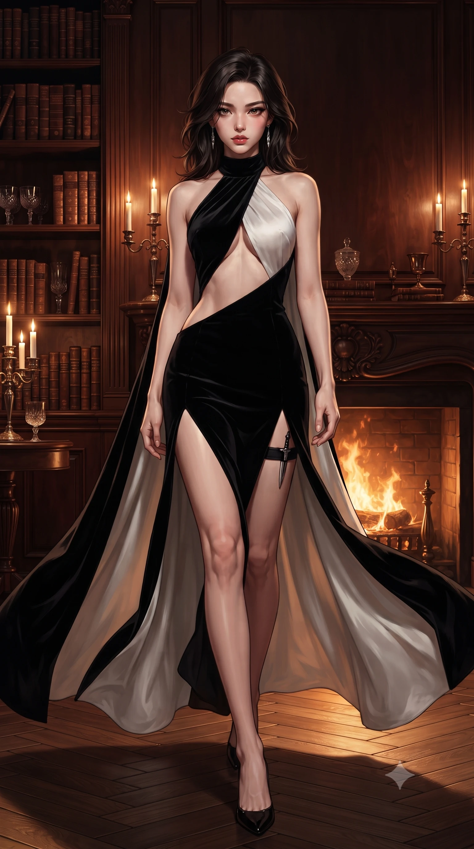 score_9, masterpiece, best quality, ultra-detailed, high-budget anime keyframe, editorial fashion photography, tasteful artistic composition, Korean woman. low angle full-body shot from head to toe showing her feet, filling the entire 9:16 vertical frame with her statuesque presence, stretching her vertical silhouette. striding forward in a proud, dynamic supermodel runway stride, hips swaying in an alluring kinetic rhythm that stretches her silhouette while curling languidly in an oversized tufted leather armchair, gazing directly into the lens with magnetic bedroom-eyes. The surrounding environment is rendered in vivid detail and crisp panoramic clarity. sharp book spine leather textures, polished mahogany wood grain, and crystal glass facets in deep focus. She has an absolutely perfect, statuesque 8.5-heads proportion, an exceptionally tall and slender model-like female figure with impossibly long slender legs, a toned flat midriff, and an ultra-slim waist. sharp v-shaped jawline, high-bridge nose, intricate jewel-like eyes with depth, thick eyelashes, glossy parted lips with a natural sheen, intensely captivating and seductive expression, flawlessly proportioned anatomical accuracy, strict slender model proportions, natural body alignment, perfectly sculpted long slender limbs, ultra-slim waistline, clean dynamic posture without body distortion. wearing a gothic siren halter-neck dress with dramatic diagonal torso cutouts and a trailing floor-length silk cape in high-contrast black velvet and pearl white, made of fluid silk crepe with delicate inner corsetry boning, equipped with a concealed dagger sheath garter under her slit skirt, the precision-cut daring openings accentuating her delicate midriff, graceful bare collarbones, and ultra-slim feminine waistline. bathed in roaring fireplace amber warmth and soft candelabra glow. ultra-reflective glossy finish, specular highlights, rich textural contrasts, high-contrast stereoscopic depth, volumetric dynamic lighting, 2k, ultra detail, master piece, 9:16 ratio