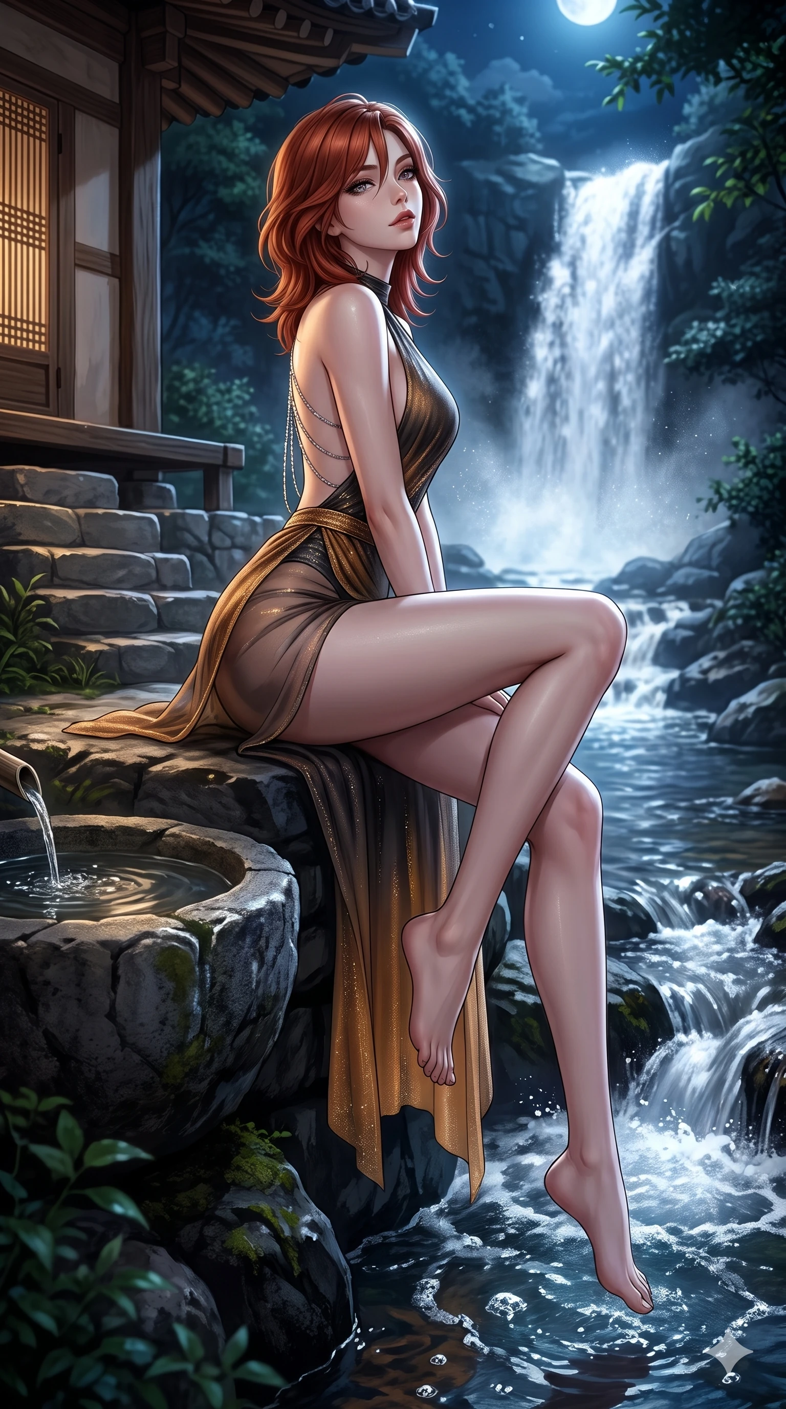 score_9, masterpiece, best quality, ultra-detailed, high-budget anime keyframe, semi-realistic 3D game render, editorial fashion photography, tasteful artistic composition, Korean woman. low angle full-body shot from head to toe showing her feet, filling the entire 9:16 vertical frame with her statuesque presence, stretching her vertical silhouette. sitting poised on the stone steps with one knee bent, arching her spine with supermodel elegance as she glances upward through thick eyelashes while perched sideways on the natural rock ledge beside the stone water basin, legs dangling gracefully toward the bubbling mountain stream. The surrounding environment is rendered in vivid detail and crisp panoramic clarity: detailed wet-look vinyl bustier tailoring, sheer wrap trousers, and mountain teahouse craft in razor-sharp precision. She has an absolutely perfect, statuesque 8.5-heads proportion, an exceptionally tall and slender model-like female figure with impossibly long slender legs, an ultra-slim waist, a flat toned midriff, narrow delicate ribcage, and beautifully sculpted feminine hips creating a graceful, slim hourglass silhouette without any bulky heaviness. sharp v-shaped jawline, high-bridge nose, sparkling eyes with hypnotic seductive depth, thick curled eyelashes, glossy parted lips with a natural dewy peach sheen, alluring bedroom-eyes with an enchanting coquettish smile, exuding magnetic siren charisma and sophisticated glamour, flawlessly proportioned anatomical accuracy, strict slender model proportions, natural body alignment, perfectly sculpted long slender limbs, ultra-slim waistline, clean dynamic posture without body distortion. wearing a liquid-tight backless silk halter leotard styled with a sheer wrap overskirt revealing her hip curve in smoked agarwood charcoal and warm honey amber, woven from metallic lurex thread casting radiant starlight glints across her silhouette, accented with an open-back drape framed by falling strands of delicate chrome chains, the liquid-tight tailored fabric clinging flawlessly to her narrow waist and rounded feminine hips, emphasizing every millimeter of her sculpted slim hourglass curves without any bulky heaviness. bathed in luminous moonlight reflecting off roaring white water cascades and misty spray. highly saturated vibrant anime colors, detailed shading with soft gradients, rich glossy textures, high-contrast stereoscopic depth, volumetric dynamic lighting, master piece, 9:16 ratio