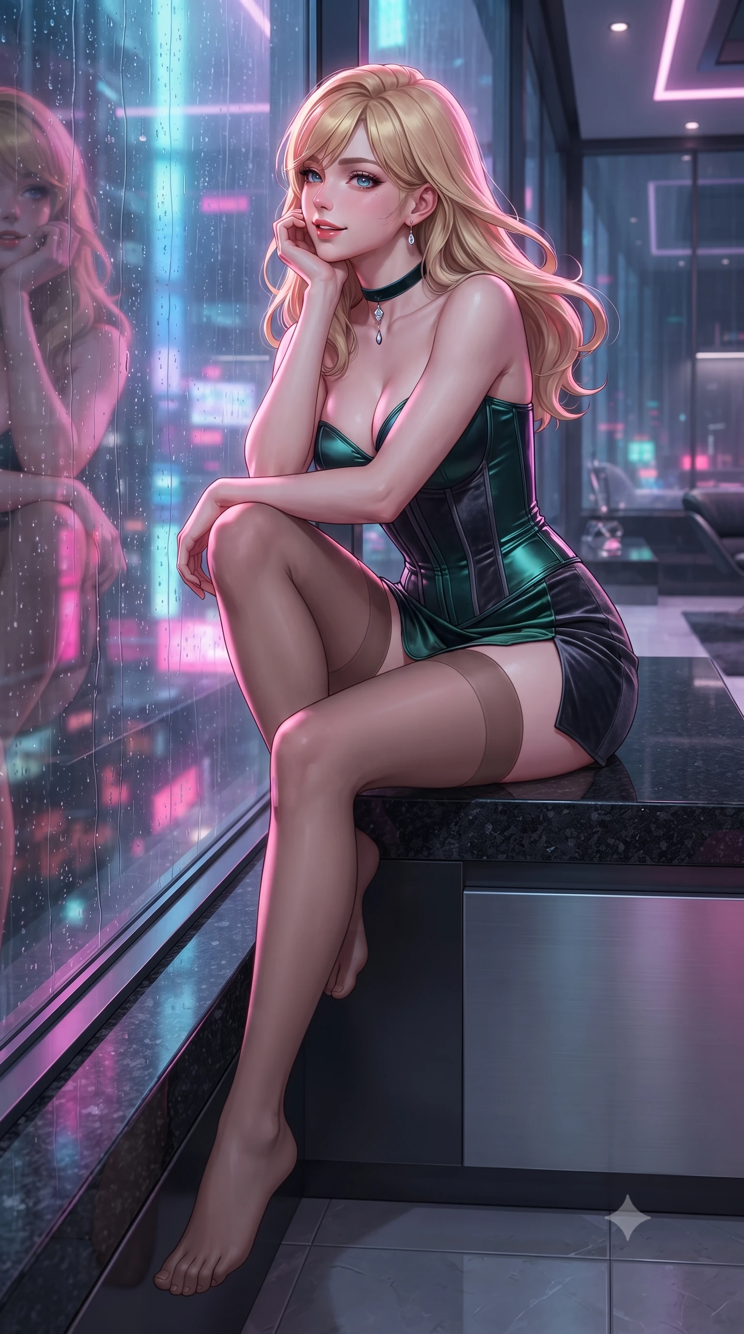 score_9, masterpiece, best quality, ultra-detailed, high-budget anime keyframe, editorial fashion photography, tasteful artistic composition, Caucasian woman. low angle full-body shot from head to toe showing her feet, filling the entire 9:16 vertical frame with her statuesque presence, stretching her vertical silhouette. executing a slow, graceful pivot turn as her skirt sways around her slender legs, glancing back with an enchanting, teasing sensual expression while sitting perched on the wide black granite sill with one knee drawn up, resting her chin on her hand with sovereign dangerous allure. The surrounding environment is rendered in vivid detail and crisp panoramic clarity: detailed liquid-tight latex dress cling, glossy parted lips with peach sheen, and futuristic penthouse styling in razor-sharp precision. She has an absolutely perfect, statuesque 8.5-heads proportion, an exceptionally tall and slender model-like female figure with impossibly long slender legs, an ultra-slim waist, a flat toned midriff, narrow delicate ribcage, and beautifully sculpted feminine hips creating a graceful, slim hourglass silhouette without any bulky heaviness. sharp v-shaped jawline, high-bridge nose, sparkling eyes with hypnotic seductive depth, thick curled eyelashes, glossy parted lips with a natural dewy peach sheen, alluring bedroom-eyes with an enchanting coquettish smile, exuding magnetic siren charisma and sophisticated glamour, flawlessly proportioned anatomical accuracy, strict slender model proportions, natural body alignment, perfectly sculpted long slender limbs, ultra-slim waistline, clean dynamic posture without body distortion. wearing a structured boned leatherette corset bodice paired with an ultra-short micro-wrap mini skirt and sheer thigh-high stockings in iridescent emerald satin and dark charcoal velvet, tailored from fine structural neoprene with crisp architectural edges and smooth contouring, finished with a thin velvet ribbon choker and a single teardrop diamond pendant, the high-slit wrap tailoring accentuating her ultra-slim waistline and the enchanting curve of her feminine hips with alluring seductive charm. bathed in dynamic shifting multi-color neon light transmitted through rain-streaked exterior glass. ultra-reflective glossy finish, specular highlights, rich textural contrasts, high-contrast stereoscopic depth, volumetric dynamic lighting, 2k, ultra detail, master piece, 9:16 ratio