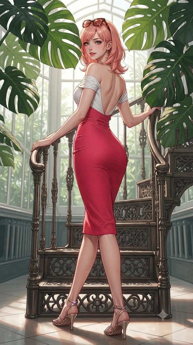 score_9, masterpiece, best quality, ultra-detailed, high-budget anime keyframe, editorial fashion photography, tasteful artistic composition, Japanese woman. low angle full-body shot from head to toe showing her feet, filling the entire 9:16 vertical frame with her statuesque presence, stretching her vertical silhouette. walking along the terrace with poise, looking back over her bare shoulder with an irresistible smoldering bedroom-gaze while leaning against the ornate cast-iron spiral stair railing with hips cocked back, looking through split monstera leaves with an irresistible, parted-lip smile. The surrounding environment is rendered in vivid detail and crisp panoramic clarity: sharp perforated cast-iron stair tread filigree, split monstera leaf venation, and glasshouse mullion rivet textures in deep focus. She has an absolutely perfect, statuesque 8.5-heads proportion, an exceptionally tall and slender model-like female figure with impossibly long slender legs, an ultra-slim waist, a flat toned midriff, narrow delicate ribcage, and beautifully sculpted feminine hips creating a graceful, slim hourglass silhouette without any bulky heaviness. sharp v-shaped jawline, high-bridge nose, sparkling eyes with hypnotic seductive depth, thick curled eyelashes, glossy parted lips with a natural dewy peach sheen, alluring bedroom-eyes with an enchanting coquettish smile, exuding magnetic siren charisma and sophisticated glamour, flawlessly proportioned anatomical accuracy, strict slender model proportions, natural body alignment, perfectly sculpted long slender limbs, ultra-slim waistline, clean dynamic posture without body distortion. wearing a form-contouring off-shoulder botanical bodycon midi dress with low-back scoop in pure snow white and vivid cherry blossom crimson, tailored from crisp high-density botanical cotton poplin with pristine structural hold, complemented by oversized designer tortoiseshell sunglasses resting atop her head, the second-skin tailored fabric adhering flawlessly to her sculpted flat midriff and slender torso, emphasizing her long leg lines and perfectly proportioned willowy build. illuminated by glasshouse floor reflection bounce and sharp warm-gold rim lights sculpting her jawline, ultra-slim waist, and curvy hips. ultra-reflective glossy finish, specular highlights, rich textural contrasts, high-contrast stereoscopic depth, volumetric dynamic lighting, 2k, ultra detail, master piece, 9:16 ratio