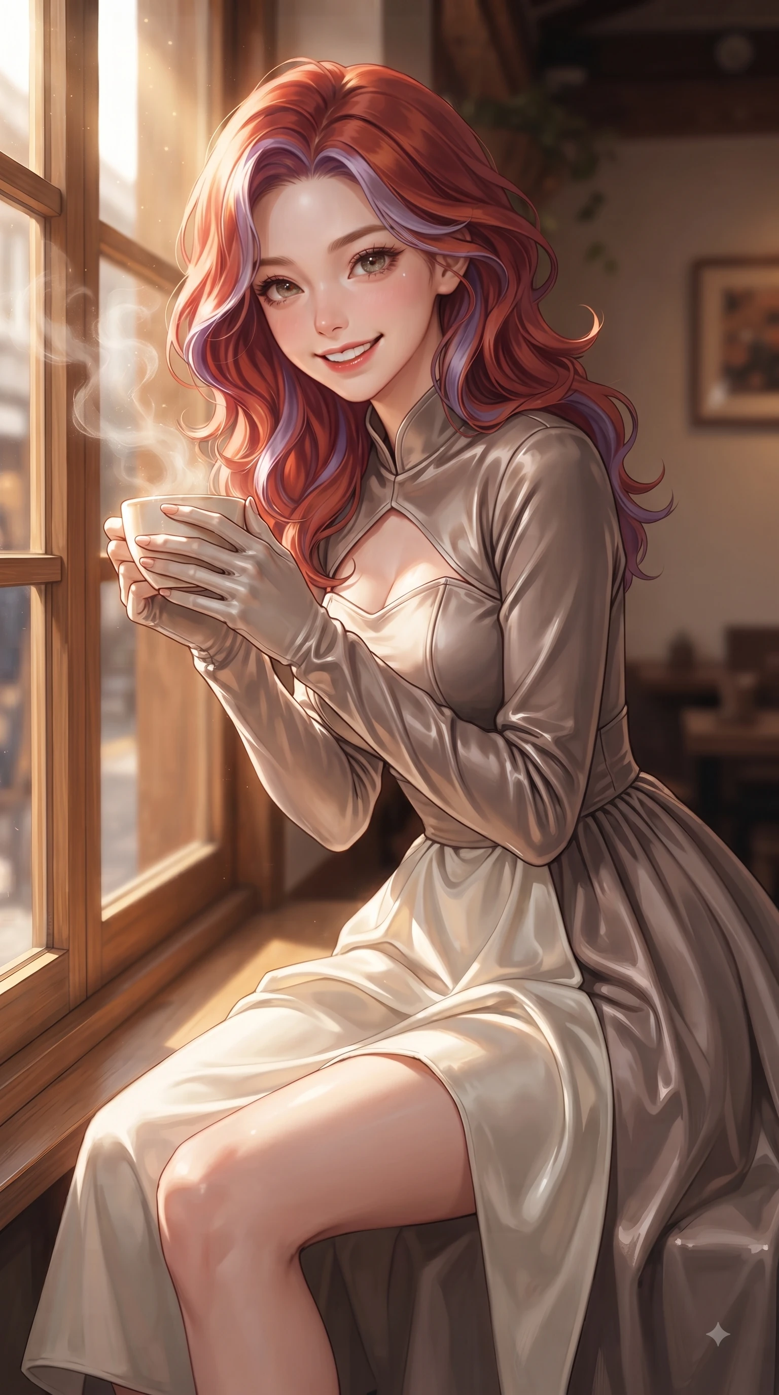 score_9, masterpiece, best quality, ultra-detailed, high-budget anime keyframe, editorial fashion photography, tasteful artistic composition, Caucasian woman. close-up cowboy shot from the waist and thighs up, the character dominates the composition, filling the frame with her large presence, background elements kept in soft focus. Cheerful beaming smile with sparkling eyes and a fresh girlhood aura, leaning forward with playful grace while sitting by a sunlit wooden window inside a cozy Samcheong-dong cafe, holding a warm latte cup, steam rising gracefully from a porcelain latte cup catching bright sunbeams. She has an exceptionally elegant, slender, and willowy female figure with an ultra-slim waist, a gracefully sculpted slender torso, and a refined silhouette. sharp v-shaped jawline, high-bridge nose, intricate jewel-like eyes with depth, thick eyelashes, glossy lips with a natural sheen, flawlessly proportioned anatomical accuracy, natural body alignment, perfectly sculpted elegant limbs, clean dynamic posture without body distortion. wearing a modern fusion silk hanbok dress with a structured bodice and flowing skirt in muted taupe and soft ivory, made of premium stretch velvet with a rich sheen, accented with a Tasteful chest slit framing her clavicle gracefully, the glove-like fit emphasizing her statuesque silhouette during motion. surrounded by a cozy, intimate, and relaxing cafe atmosphere. ultra-reflective glossy finish, specular highlights, metallic sheen, high-contrast stereoscopic depth, volumetric dynamic lighting, 2k, ultra detail, master piece, 9:16 ratio