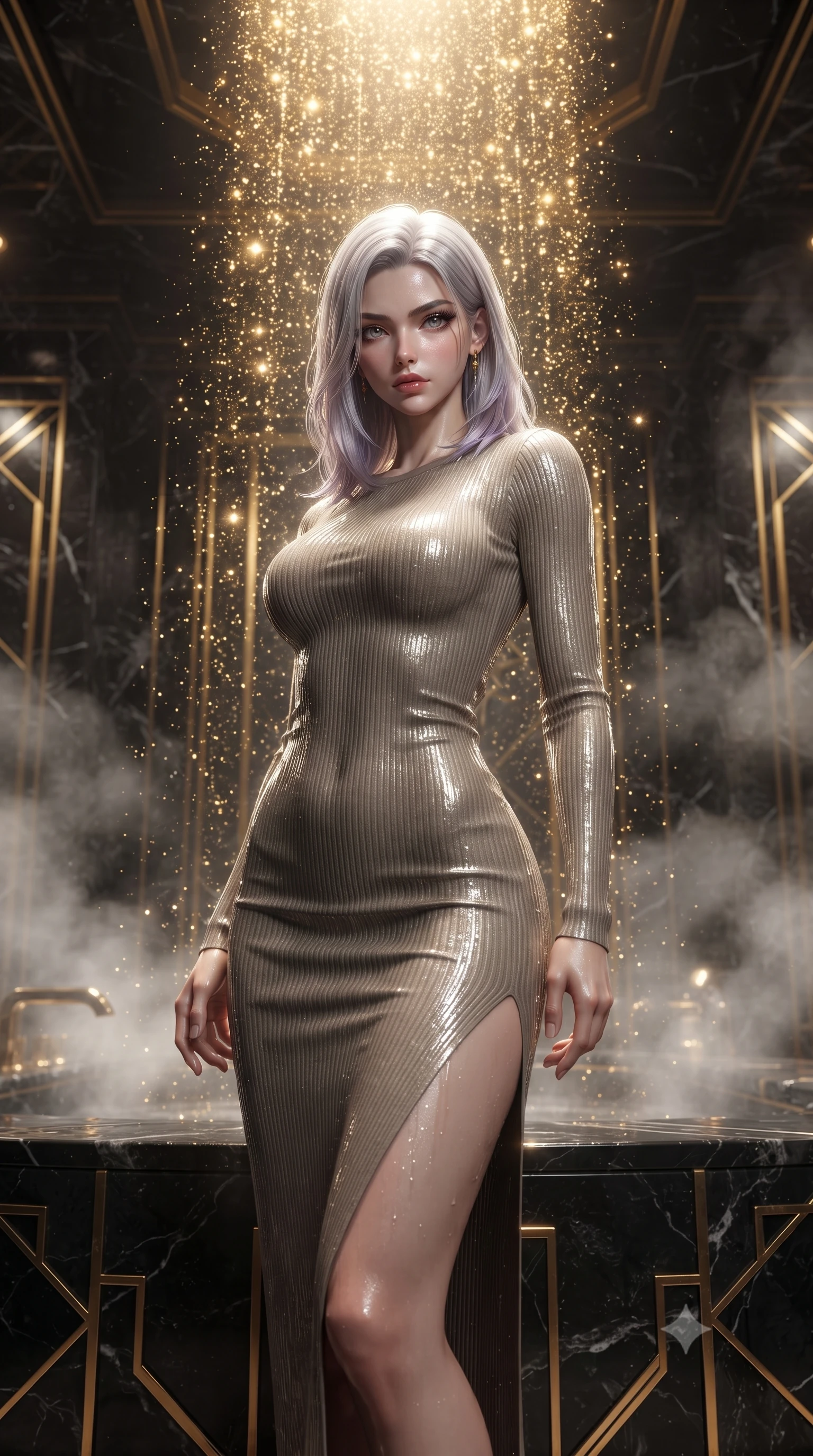 score_9, masterpiece, best quality, ultra-detailed, High-budget Anime Keyframe, editorial fashion photography, tasteful artistic composition, realistic cosplay photography, Caucasian woman, strictly human ears. Low angle cowboy shot filling the entire 9:16 frame with her statuesque presence. Scenario 337: showering under a cascade of glittering gold stardust inside a steam-filled bathhouse built of black obsidian stone and gold accents. Her presence is magnetic and overpowering in this high-budget cinematic scene. Outfit 337: a form-contouring ribbed bodycon knit second with a thigh-high slit and wet-look texture. The clothing is designed to emphasize her exceptionally tall and slender 8-heads proportion. 8-heads proportion, towering silhouette, ultra-slim waist. sharp v-shaped jawline, intricate jewel-like eyes with depth, thick eyelashes, glossy lips. ultra-reflective glossy finish, specular highlights, metallic sheen, high-contrast stereoscopic depth, volumetric dynamic lighting, 2k, ultra detail, master piece, 9:16 ratio