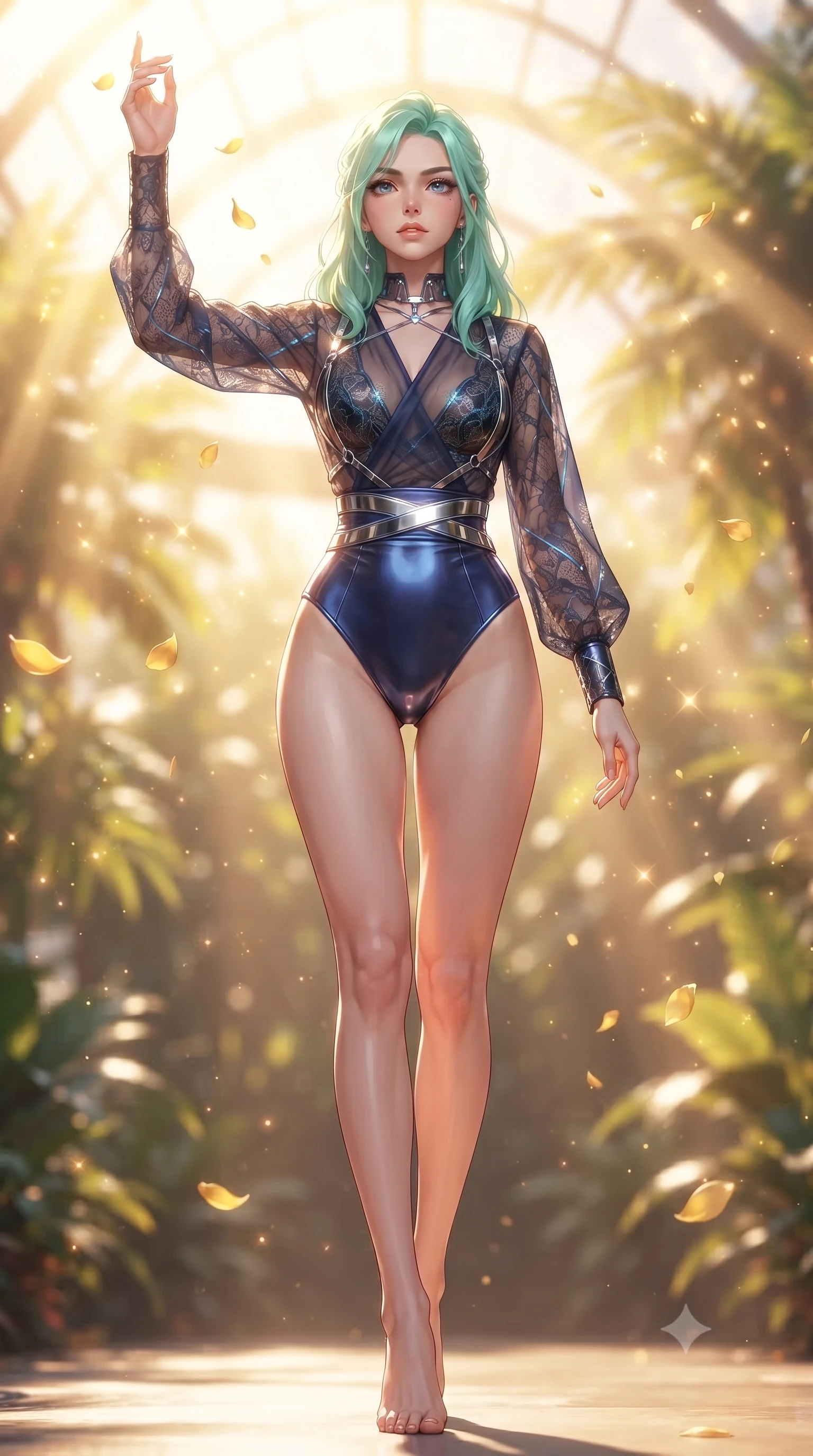 score_9, masterpiece, best quality, ultra-detailed, high-budget anime keyframe, editorial fashion photography, tasteful artistic composition, Japanese woman. low angle full-body shot from head to toe showing her feet, filling the entire 9:16 vertical frame with her statuesque presence, stretching her vertical silhouette. striding forward in a proud, statuesque motion with a dangerous smolder, her vertical silhouette dominating the frame from head to toe while reaching one arm gracefully toward the streaming sunlight as golden flower petals float past in the warm air. The composition keeps background elements in soft focus with creamy bokeh. sun-drenched tropical foliage scattering radiant light motes across a soft background. She has an absolutely perfect, statuesque 8.5-heads proportion, an exceptionally tall and slender model-like female figure with impossibly long slender legs, a toned flat midriff, and an ultra-slim waist. sharp v-shaped jawline, high-bridge nose, intricate jewel-like eyes with depth, thick eyelashes, glossy lips with a natural sheen, flawlessly proportioned anatomical accuracy, strict slender model proportions, natural body alignment, perfectly sculpted long slender limbs, ultra-slim waistline, clean dynamic posture without body distortion. wearing a shortened cyber-fusion wrap top with transparent chiffon panels, a deep crossover neckline, and a high-waisted metallic sash that accentuates her ultra-slim waist in deep royal navy blue and specular chrome, crafted from delicate dark lace interwoven with luminescent micro-fibers, reinforced by a sleek metallic chrome harness and delicate glowing micro-straps, the glove-like aerodynamic second-skin fit tightly clinging to her ultra-slender waist and athletic curves without adding bulk, accentuating her razor-sharp statuesque lines and slim hourglass silhouette. bathed in intense volumetric golden sunbeams streaming through crystalline glass dome panes. ultra-reflective glossy finish, specular highlights, metallic sheen, high-contrast stereoscopic depth, volumetric dynamic lighting, 2k, ultra detail, master piece, 9:16 ratio