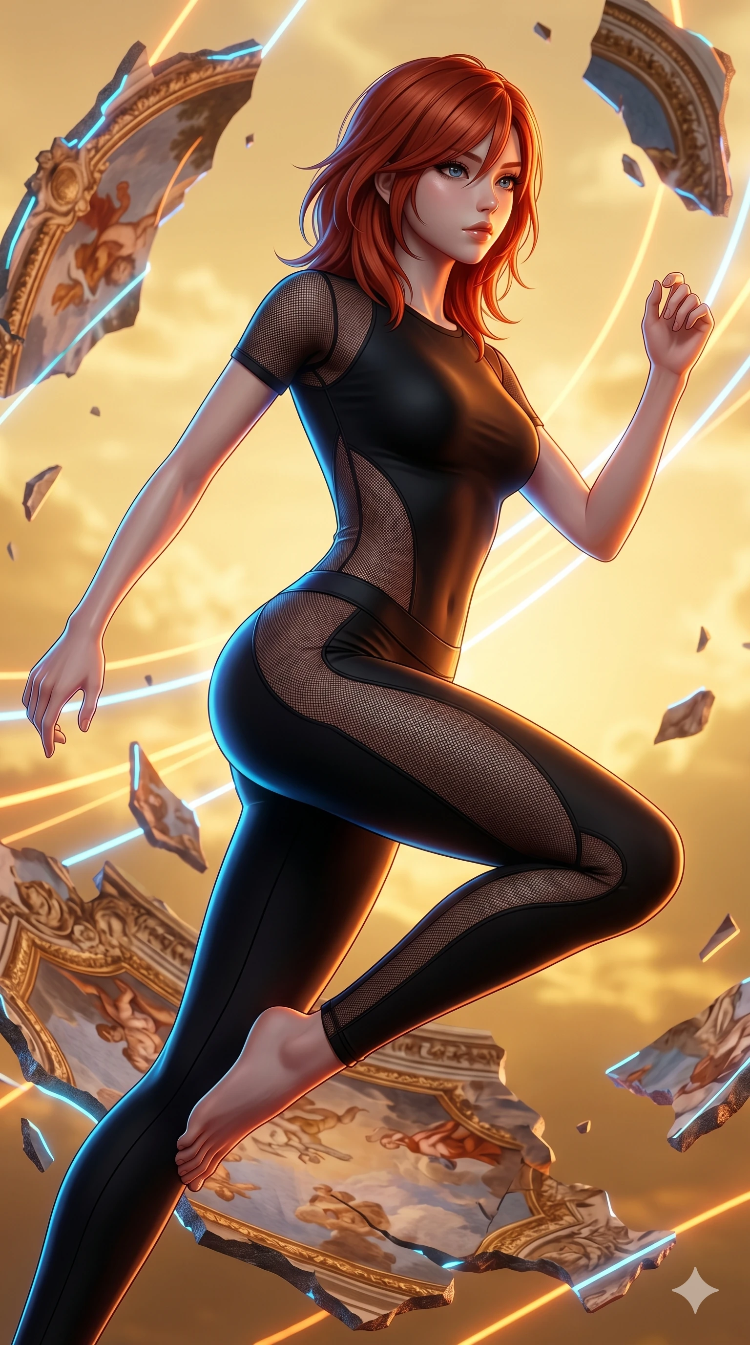 score_9, masterpiece, best quality, ultra-detailed, high-budget anime keyframe, Japanese woman. upper body close-up from the thighs up, character filling the screen for maximum presence. propelling herself off digital baroque ceiling fresco shards that float and reassemble in a golden sky. She has an absolutely perfect 8-heads proportion, an exceptionally tall and slender female figure with impossibly long slender legs and an ultra-slim waist. V-shaped jawline, high-bridge nose, intricate jewel-like eyes with depth, thick eyelashes, glossy lips with a natural sheen.. wearing a sheer mesh athleisure set, featuring a tight matte black top and leggings with semi-opaque mesh panels tracing the curves of her waist and thighs. bathed in brilliant cinematic volumetric lighting and intense neon rim light highlighting her slender form. 2k, ultra detail, master piece, 9:16 ratio