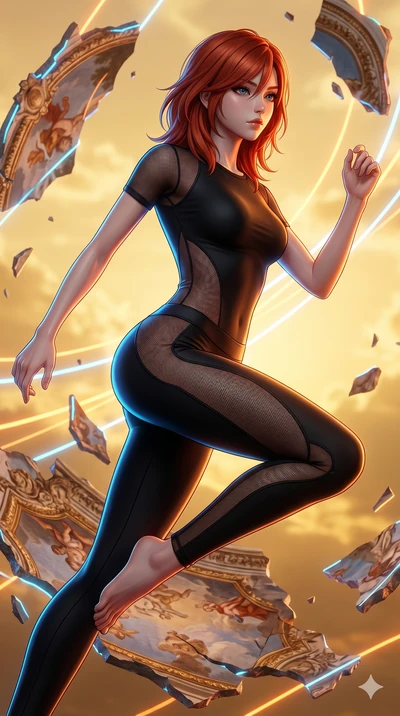 score_9, masterpiece, best quality, ultra-detailed, high-budget anime keyframe, Japanese woman. upper body close-up from the thighs up, character filling the screen for maximum presence. propelling herself off digital baroque ceiling fresco shards th