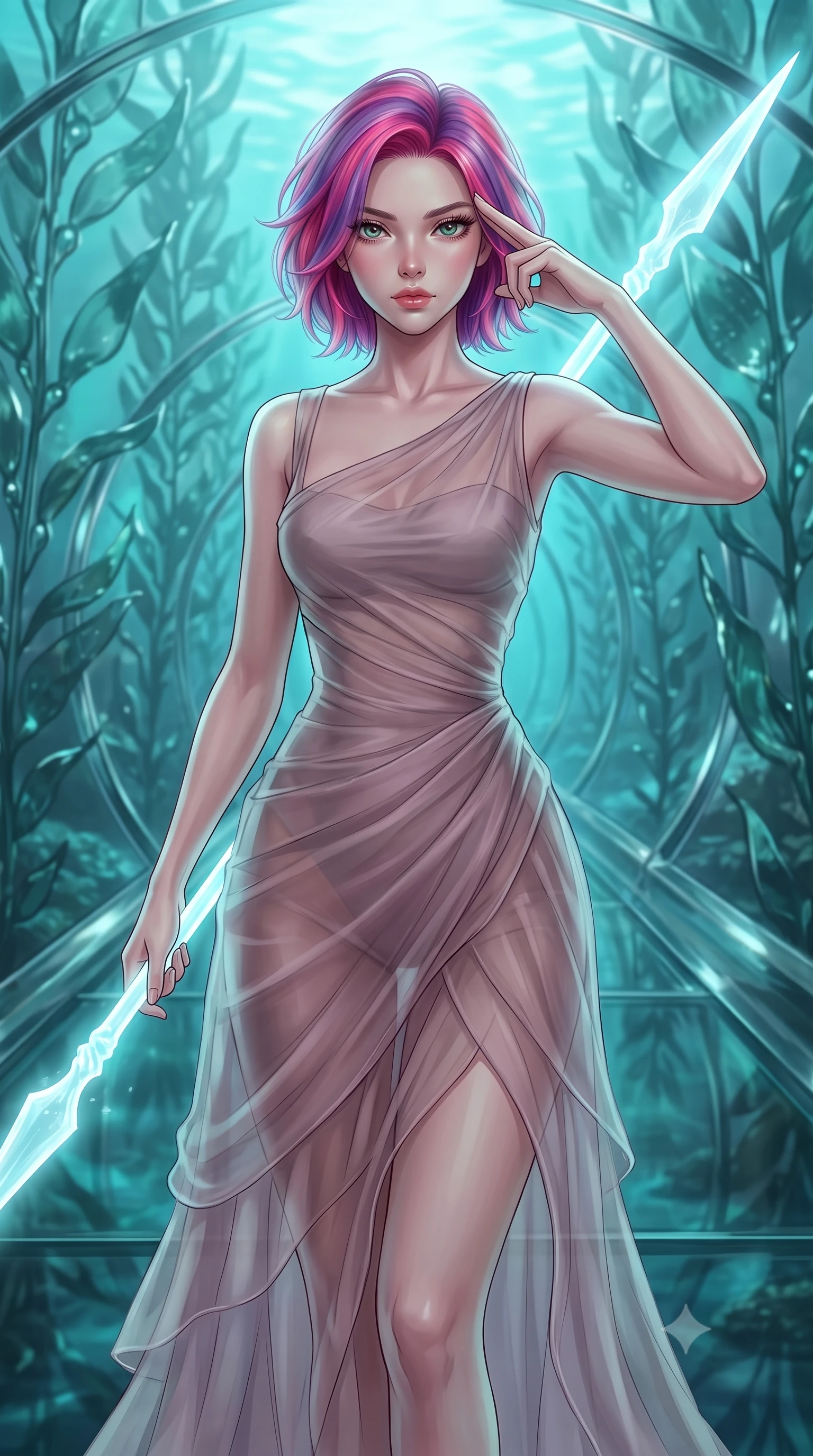 score_9, masterpiece, best quality, ultra-detailed, high-budget anime keyframe, editorial fashion photography, tasteful artistic composition, Caucasian woman. close-up cowboy shot from the waist and thighs up, the character dominates the composition, filling the frame with her large presence, background elements kept in soft focus. pressing two fingers to her temple while holding a light-spear diagonally behind her in a composed thoughtful gesture, the background shows a soft-focus a volcanic glass research tunnel running through a forest of glass kelp. She has an exceptionally elegant, slender, and willowy female figure with an ultra-slim waist, a gracefully sculpted slender torso, and a refined silhouette. sharp v-shaped jawline, high-bridge nose, intricate jewel-like eyes with depth, thick eyelashes, glossy lips with a natural sheen. wearing a form-contouring sheer organza dress in dusty mauve, showing her slender torso and willowy silhouette. ethereal turquoise light diffusing from the ocean floor, wrapping her form. highly saturated vibrant anime colors, detailed shading with soft gradients, rich glossy textures, high-contrast stereoscopic depth, volumetric dynamic lighting, master piece, 9:16 ratio