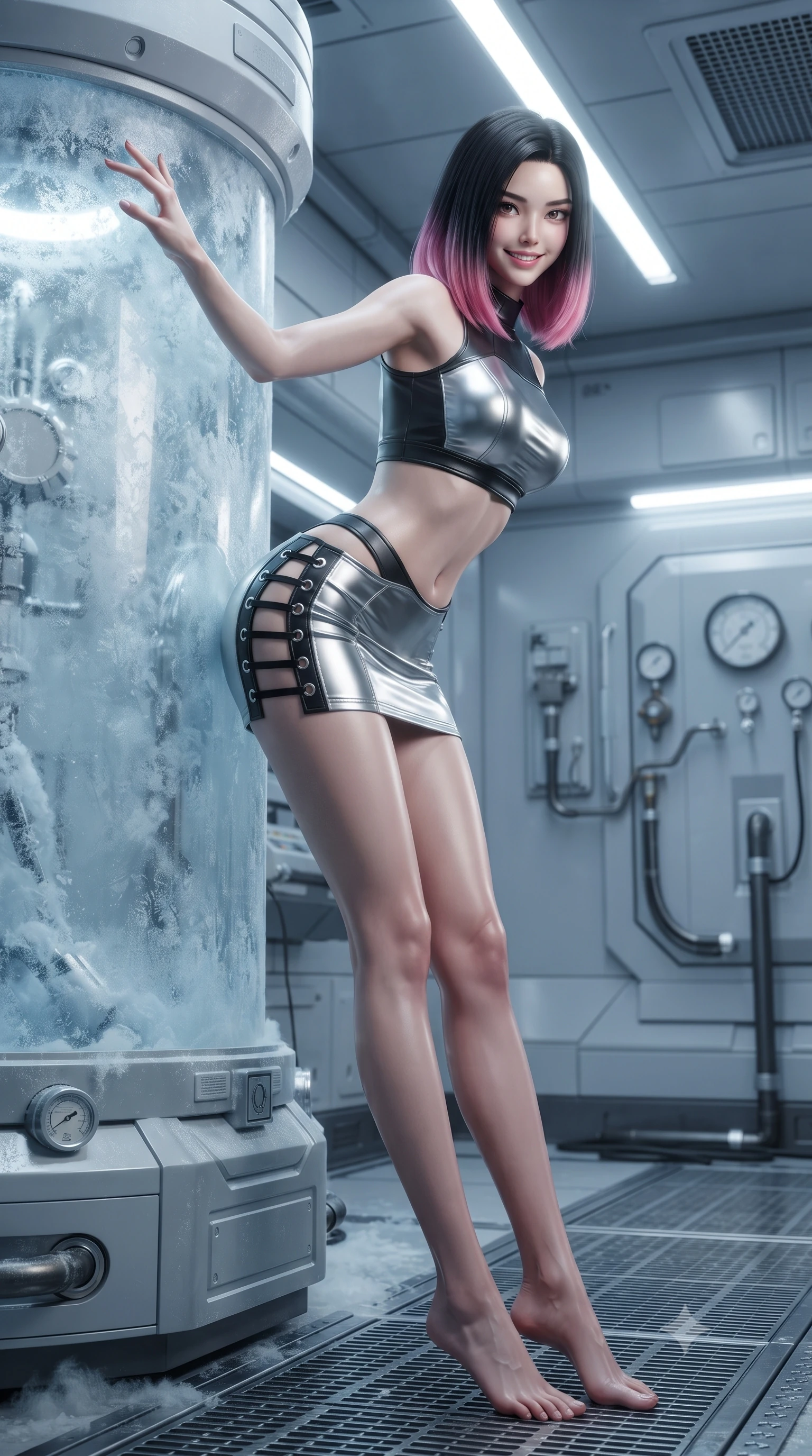 score_9, masterpiece, best quality, ultra-detailed, high-budget anime keyframe, editorial fashion photography, tasteful artistic composition, Korean woman. low angle full-body shot from head to toe showing her feet, filling the entire 9:16 vertical frame with her statuesque presence, stretching her vertical silhouette. leaning deep against the glowing energy conduit with hips cocked back in an unapologetically alluring high-fashion stance, flashing a warm beaming smile while leaning against a frosted glass stasis pod with hips cocked back, casting an intoxicating, mysterious bedroom-gaze through sub-zero vapor. The surrounding environment is rendered in vivid detail and crisp panoramic clarity: sharp frost rime on pod glass, cryogenic valve pressure dials, and textured steel floor grating in deep focus. She has an absolutely perfect, statuesque 8.5-heads proportion, an exceptionally tall and slender model-like female figure with impossibly long slender legs, an ultra-slim waist, a flat toned midriff, narrow delicate ribcage, and beautifully sculpted feminine hips creating a graceful, slim hourglass silhouette without any bulky heaviness. sharp v-shaped jawline, high-bridge nose, intricate jewel-like sparkling eyes with depth, thick eyelashes, glossy parted lips with a natural sheen, bright confident smile with an enchanting and coquettish sensual glint, exuding both youthful magnetic charm and sovereign high-tech allure, flawlessly proportioned anatomical accuracy, strict slender model proportions, natural body alignment, perfectly sculpted long slender limbs, ultra-slim waistline, clean dynamic posture without body distortion. wearing a body-hugging modern carbon-alloy crop top paired with a low-rise tactical skirt and a subtle waist cut-out in liquid chrome silver and pitch black, formed from supple thermal silicone composite adhering seamlessly like a second skin, finished with sharp laser-cut side ventilation slits framed by silver hardware rings, the form-fitting tactical tailoring adhering flawlessly to her sculpted flat midriff and slender torso, emphasizing her long leg lines and perfectly proportioned willowy build. illuminated by overhead cold-white strip lights and sharp crystalline silver rim lights carving her slim waist, hips, and jawline. ultra-reflective glossy finish, specular highlights, rich textural contrasts, high-contrast stereoscopic depth, volumetric dynamic lighting, 2k, ultra detail, master piece, 9:16 ratio