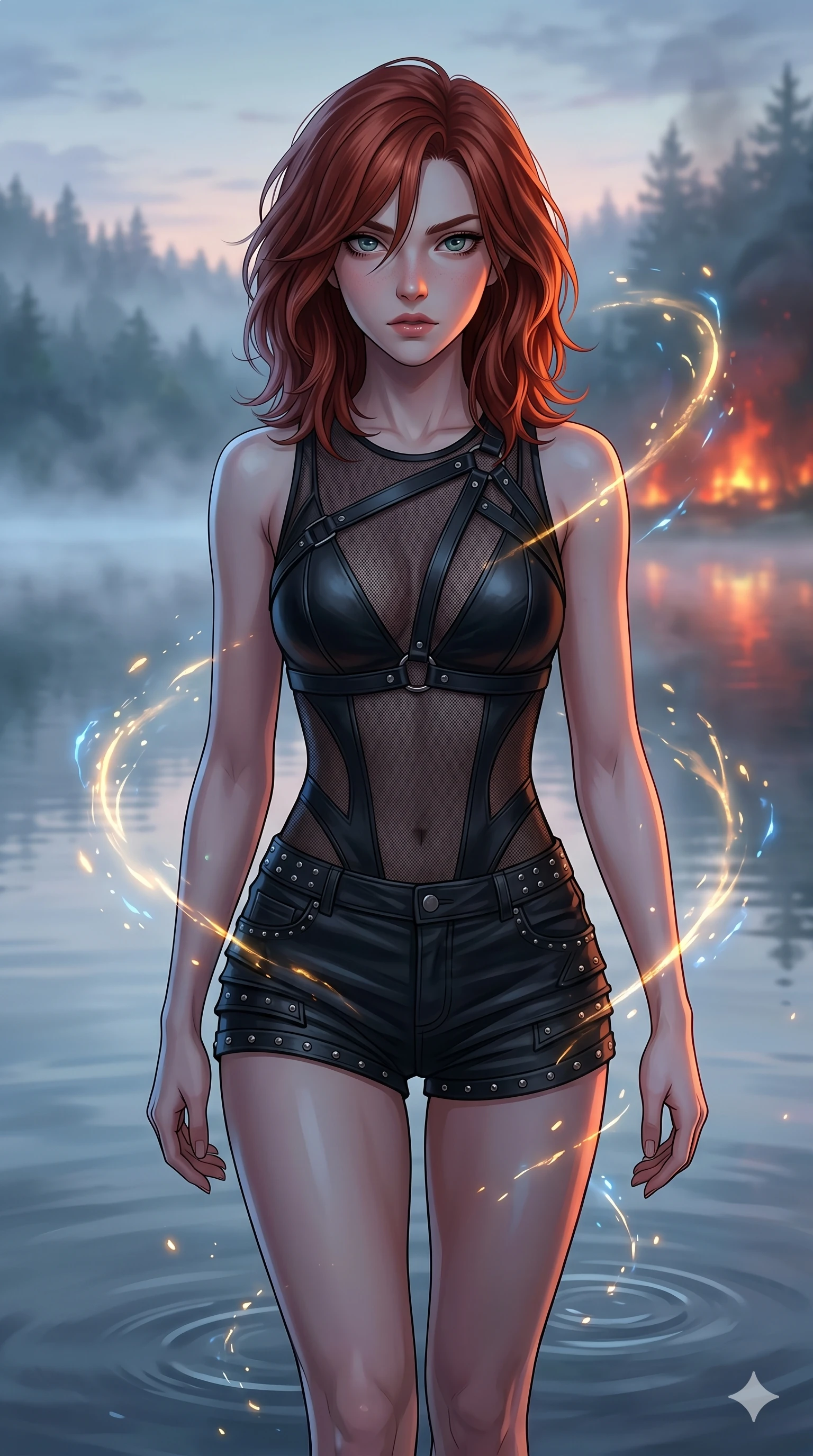 score_9, masterpiece, best quality, ultra-detailed, Set A: High-budget Anime Keyframe, Korean woman. Upper body close-up from the thighs up, character filling the screen for maximum presence. Walking gracefully through a misty lakeside at dawn, with a look of intense determination reflecting the fires of 267 and surrounded by glowing energy sparks. She has an absolutely perfect 8-heads proportion, an exceptionally tall and slender female figure with impossibly long slender legs and an ultra-slim waist. Sharp v-shaped jawline, high-bridge nose, intricate jewel-like eyes with depth, thick eyelashes, glossy lips with a natural sheen. Wearing Asymmetrical leather harness over a sheer mesh leotard and studded micro-shorts. Cinematic lighting, vibrant colors, dramatic shadows, 2k, ultra detail, master piece, 9:16 ratio