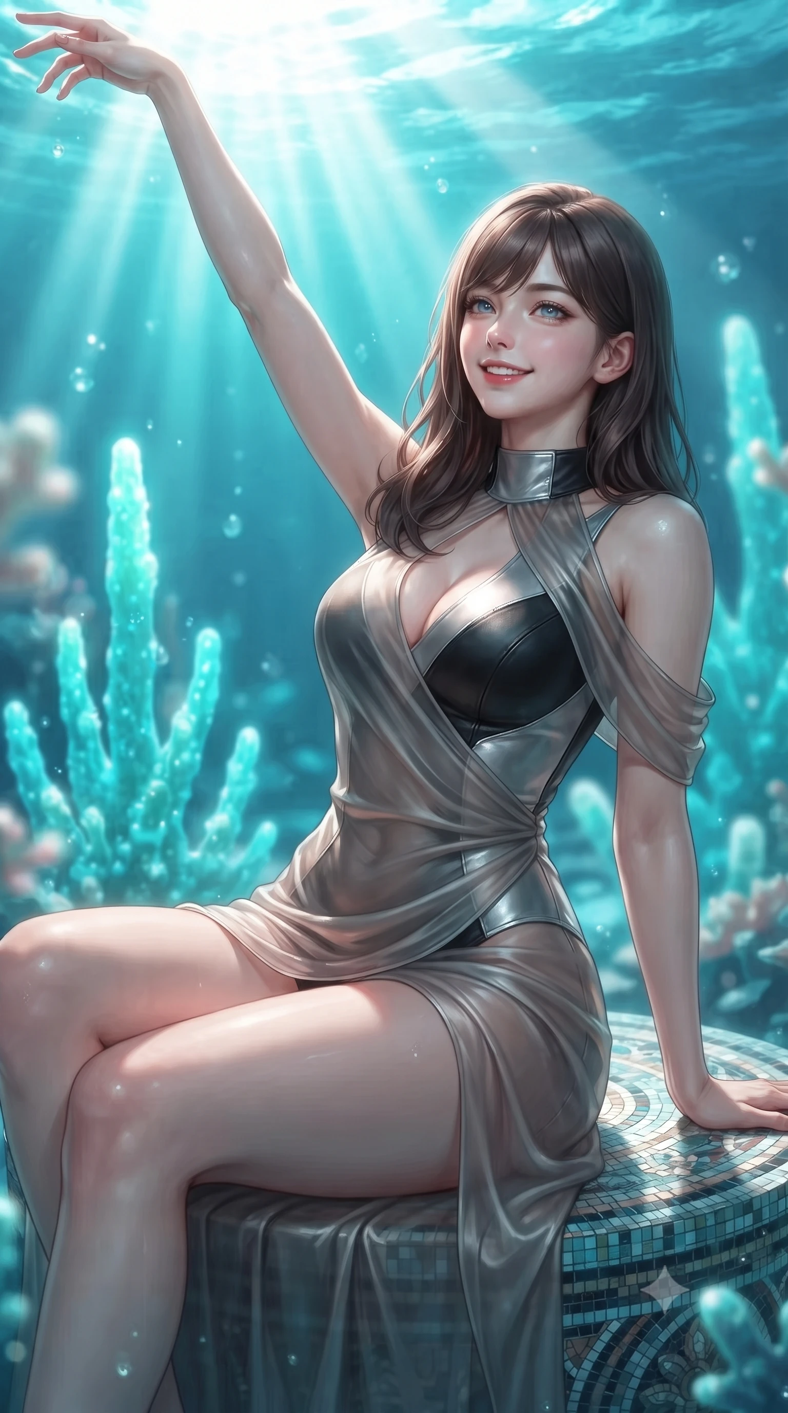 score_9, masterpiece, best quality, ultra-detailed, high-budget anime keyframe, editorial fashion photography, tasteful artistic composition, Korean woman. close-up cowboy shot from the waist and thighs up, the character dominates the composition, filling the frame with her large presence, background elements kept in soft focus. Extending one arm in an elegant stretch toward the light while smiling with magnetic self-assurance while pivoting her torso in a fluid S-curve alignment over a submerged mosaic marble throne, glowing aqua coral spires emitting pulsing luminescence in the background. She has an exceptionally elegant, slender, and willowy female figure with an ultra-slim waist, a gracefully sculpted slender torso, and a refined silhouette. sharp v-shaped jawline, high-bridge nose, intricate jewel-like eyes with depth, thick eyelashes, glossy lips with a natural sheen, flawlessly proportioned anatomical accuracy, natural body alignment, perfectly sculpted elegant limbs, clean dynamic posture without body distortion. wearing a semi-opaque sheer overlay dress over a leather micro-bodysuit in matte black and polished silver, crafted from lustrous satin jersey with fluid draping, accented with a Tasteful chest slit framing her clavicle gracefully, the tailored fabric tightly following every curve of her athletic build. bathed in brilliant sun-drenched water rays and luminous turquoise caustic glow. ultra-reflective glossy finish, specular highlights, metallic sheen, high-contrast stereoscopic depth, volumetric dynamic lighting, 2k, ultra detail, master piece, 9:16 ratio