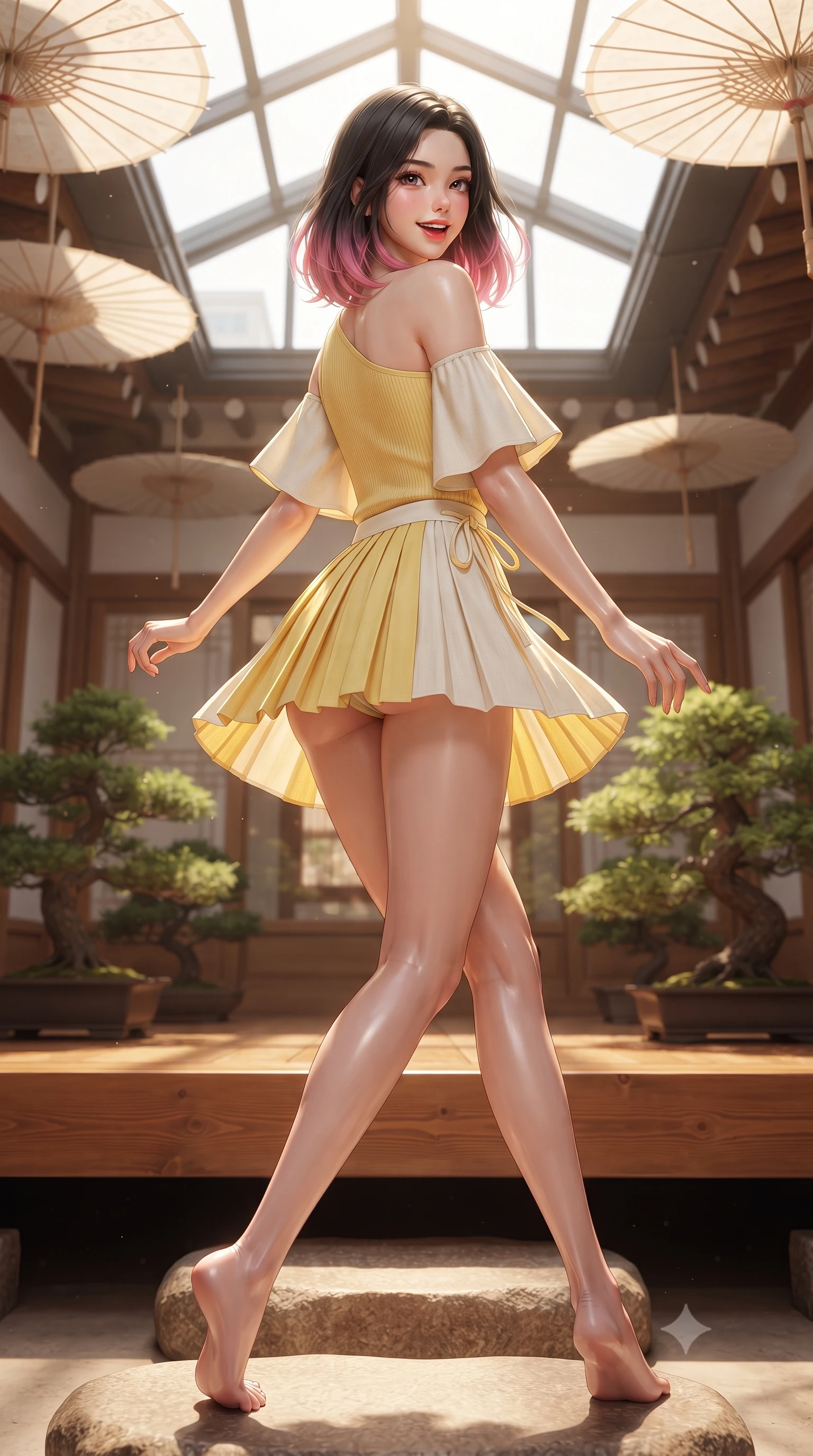 score_9, masterpiece, best quality, ultra-detailed, high-budget anime keyframe, editorial fashion photography, tasteful artistic composition, Korean woman. low angle full-body shot from head to toe showing her feet, filling the entire 9:16 vertical frame with her statuesque presence, stretching her vertical silhouette. executing a cheerful mid-motion pivot turn as her skirt flutters around her slender legs, glancing over her shoulder with an intoxicating, teasing cute expression while sitting on a low wooden hanok veranda stepping stone surrounded by hanging paper parasols, arching her lower back with a bright playful smile and parted glossy lips. The composition keeps background elements in soft focus with dreamy creamy bokeh. glass atrium skylights and leafy bonsai planters softened in nostalgic urban shallow focus. She has an exceptionally tall and slender model-like 8.5-heads proportion, an ultra-slim waist, a flat toned midriff, narrow delicate ribcage, and beautifully sculpted feminine hips creating a graceful, slim hourglass silhouette without any bulky heaviness, with impossibly long slender legs. sharp v-shaped jawline, high-bridge nose, intricate jewel-like sparkling eyes with depth, thick eyelashes, glossy parted lips with a natural peach sheen, bright cheerful beaming smile with an enchanting and coquettish sensual glint, exuding both youthful cute charm and seductive allure, flawlessly proportioned anatomical accuracy, strict slender model proportions, natural body alignment, perfectly sculpted long slender limbs, ultra-slim waistline, clean dynamic posture without body distortion. wearing an asymmetrical one-shoulder ribbed top paired with a micro-pleated skirt with side hip ties in bright butter yellow and fresh cream white, crafted from soft breathable linen with effortless natural drape, featuring elegant flutter sleeves and a graceful square neckline, the precision-cut side openings and low-back scoop framing her graceful spine and the sensual sweep of her slim, toned hips. bathed in warm morning sunlight filtering through open glass courtyard roofs. ultra-reflective glossy finish, specular highlights, rich textural contrasts, high-contrast stereoscopic depth, volumetric dynamic lighting, 2k, ultra detail, master piece, 9:16 ratio