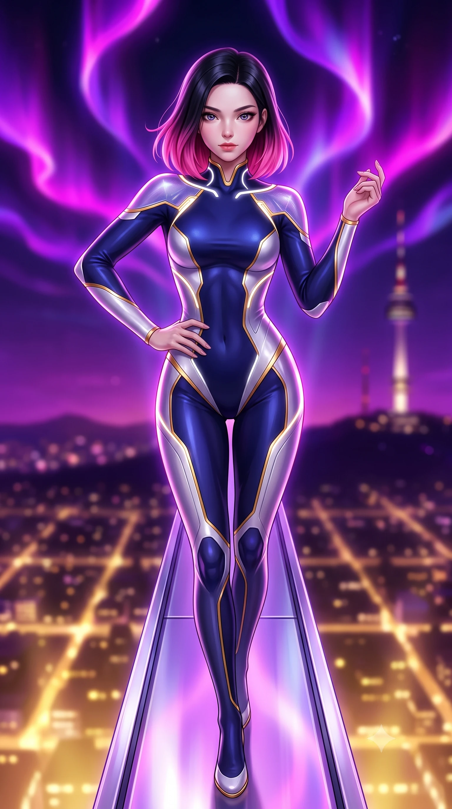 score_9, masterpiece, best quality, ultra-detailed, high-budget anime keyframe, semi-realistic 3D game render, editorial fashion photography, tasteful artistic composition, Korean woman. close-up cowboy shot from the waist and thighs up, the character dominates the composition, filling the frame with her large presence. twisting her upper body in a dynamic S-curve with commanding allure, one hand resting on her slender waist with haughty grace while stepping along a narrow chrome gantry extending into the open night air with commanding supermodel grace. The composition keeps background elements in soft focus with creamy bokeh. swirling violet plasma aurora ribbons and glowing city grid lights blurred into rich purple, magenta, and gold bokeh. She has an exceptionally elegant, slender, and willowy female figure with an ultra-slim waist, a gracefully sculpted slender torso, toned flat midriff, and a refined slim silhouette. sharp v-shaped jawline, high-bridge nose, intricate jewel-like eyes with depth, thick eyelashes, glossy lips with a natural sheen, flawlessly proportioned anatomical accuracy, strict slender model proportions, natural body alignment, perfectly sculpted long slender limbs, ultra-slim waistline, clean dynamic posture without body distortion. wearing a statuesque midnight cobalt and polished platinum bodysuit featuring sleek aerodynamic contour lines and glowing circuit accents in pristine liquid pearl white and radiant solar gold trim, crafted from delicate iridescent organza interwoven with luminescent micro-fibers, accented with glowing fiber-optic seams tracing her collarbones and hip curves, the sleek second-skin cut tightly hugging her graceful clavicle, narrow waist, and feminine curves with athletic precision. bathed in vivid violet and electric magenta plasma aurora backlighting with golden city ground bounce. rich saturated anime colors with glowing neon highlights, detailed shading with soft gradients, rich glossy textures, high-contrast stereoscopic depth, volumetric dynamic lighting, master piece, 9:16 ratio