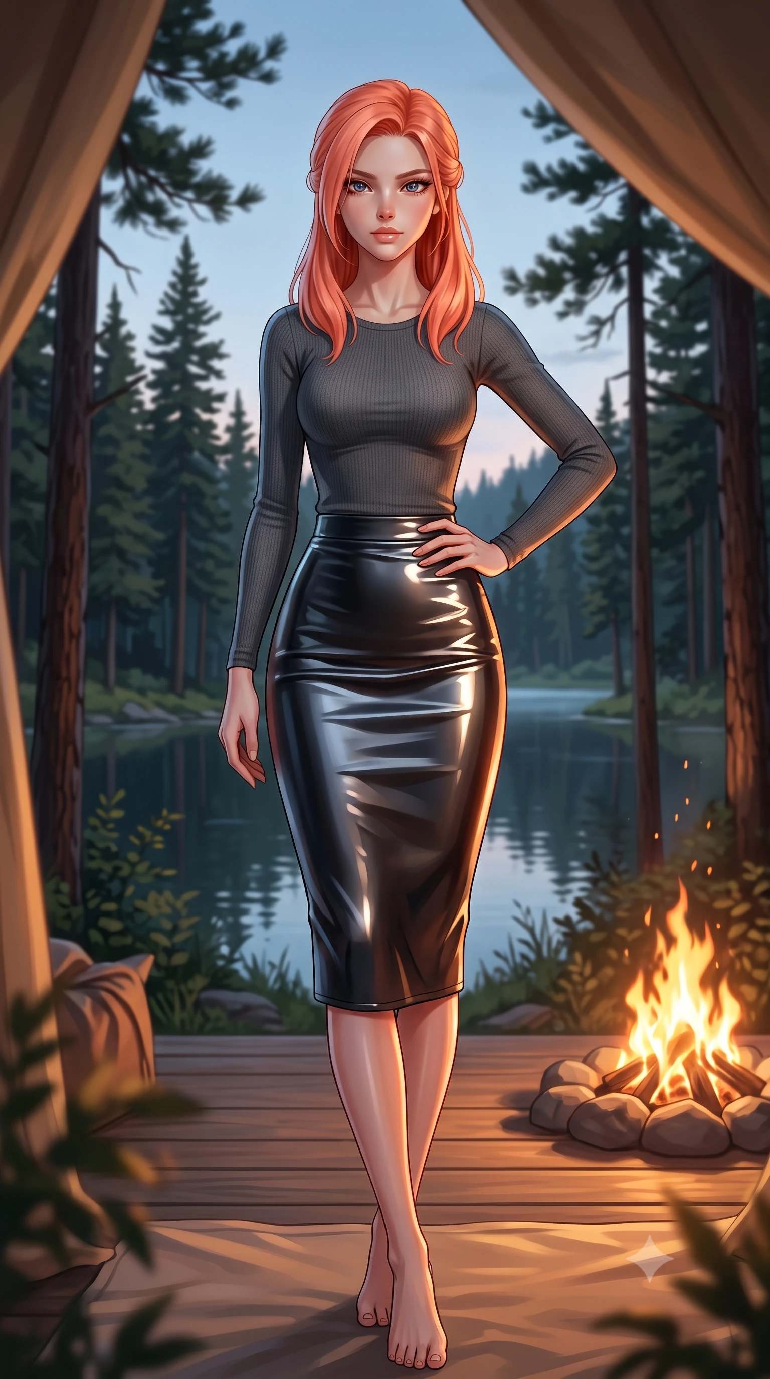 score_9, masterpiece, best quality, ultra-detailed, high-budget anime keyframe, editorial fashion photography, tasteful artistic composition, Japanese woman. low angle full-body shot from head to toe showing her feet, filling the entire 9:16 vertical frame with her statuesque presence, stretching her vertical silhouette. posing confidently with one hand on her hip, stretching her statuesque body to emphasize her curves the background shows a soft-focus a luxury canvas tent porch next to a quiet forest lake surrounded by pine trees. She has an absolutely perfect, statuesque 8.5-heads proportion, an exceptionally tall and slender model-like female figure with impossibly long slender legs and an ultra-slim waist. sharp v-shaped jawline, high-bridge nose, intricate jewel-like eyes with depth, thick eyelashes, glossy lips with a natural sheen. wearing a slim-fit body-hugging knit top in charcoal grey, paired with a tight-fitting leather midi skirt. warm flickering flame light from a nearby campfire casting cozy shadows. ultra-reflective glossy finish, specular highlights, metallic sheen, high-contrast stereoscopic depth, volumetric dynamic lighting, 2k, ultra detail, master piece, 9:16 ratio