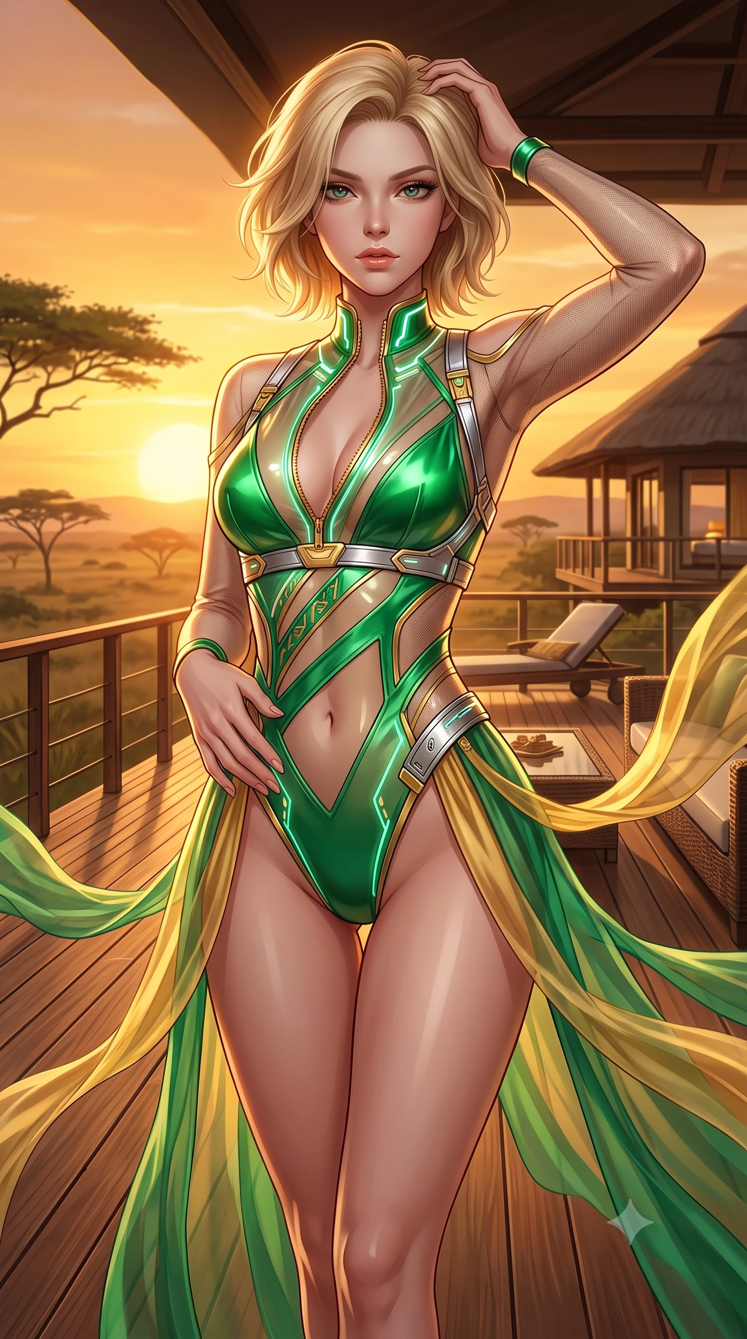 score_9, masterpiece, best quality, ultra-detailed, high-budget anime keyframe, semi-realistic 3D game render, editorial fashion photography, tasteful artistic composition, Caucasian woman. close-up cowboy shot from the waist and thighs up, the character dominates the composition, filling the frame with her large presence. twisting her upper body in a dynamic S-curve with an alluring smolder, one hand trailing along her slender waist while standing with sovereign grace on a teak viewing deck as golden evening winds billow her sheer chiffon drapes against the sunset. The surrounding environment is rendered in vivid detail and crisp panoramic clarity. high-contrast sunset lighting and ultra-exclusive safari architecture rendered with environmental sharpness. She has an exceptionally elegant, slender, and willowy female figure with an ultra-slim waist, a gracefully sculpted slender torso, toned flat midriff, and a refined slim silhouette. sharp v-shaped jawline, high-bridge nose, intricate jewel-like eyes with depth, thick eyelashes, glossy lips with a natural sheen, flawlessly proportioned anatomical accuracy, strict slender model proportions, natural body alignment, perfectly sculpted long slender limbs, ultra-slim waistline, clean dynamic posture without body distortion. wearing an ultra-sleek high-cut tech-bodysuit featuring dangerous diagonal slitted cutouts on the midriff and shoulders, reinforced by a metallic silver harness and sheer mesh sleeves in bright emerald green satin and gold hardware, tailored from semi-translucent cybernetic vinyl with glowing micro-filaments, featuring a dangerously unzipped neckline framed by glowing cybernetic accents, the sleek second-skin cut tightly hugging her graceful clavicle, narrow waist, and feminine curves with athletic precision. bathed in blazing golden hour sunset radiance and warm amber horizon fill light. highly saturated vibrant anime colors, detailed shading with soft gradients, rich glossy textures, high-contrast stereoscopic depth, volumetric dynamic lighting, master piece, 9:16 ratio
