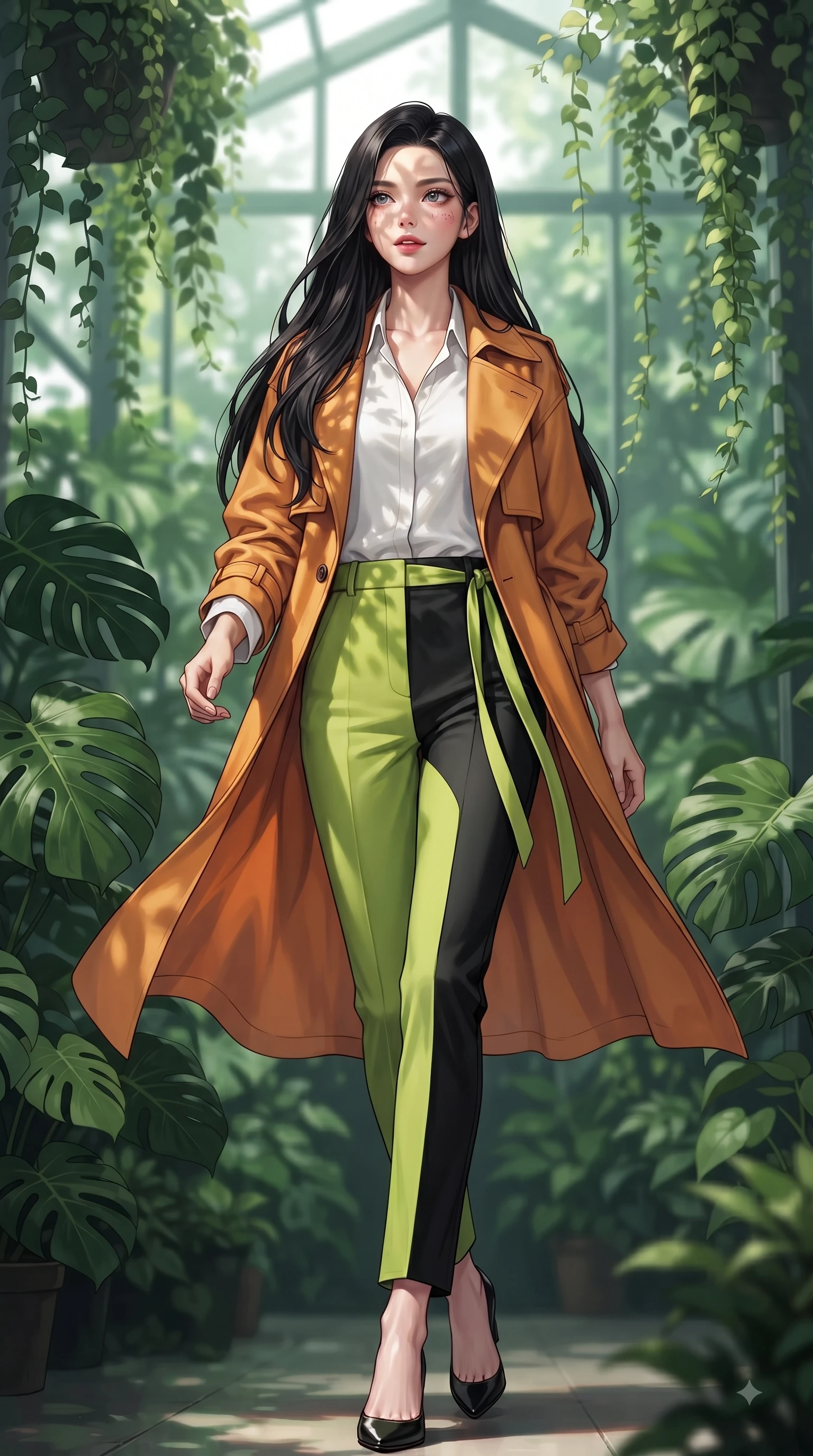 score_9, masterpiece, best quality, ultra-detailed, high-budget anime keyframe, editorial fashion photography, tasteful artistic composition, Korean woman. low angle full-body shot from head to toe showing her feet, filling the entire 9:16 vertical frame with her statuesque presence, stretching her vertical silhouette. Radiant anticipation in her face, glowing with hopeful curiosity and warm expectant energy while strolling through a lush botanical glasshouse surrounded by deep emerald Monstera leaves. The composition keeps background elements in soft focus with dreamy bokeh. cascading botanical vines creating a soft, organic blurred background depth. She has an absolutely perfect, statuesque 8.5-heads proportion, an exceptionally tall and slender model-like female figure with impossibly long slender legs and an ultra-slim waist. sharp v-shaped jawline, high-bridge nose, intricate jewel-like eyes with depth, thick eyelashes, glossy lips with a natural sheen, flawlessly proportioned anatomical accuracy, natural body alignment, perfectly sculpted elegant limbs, clean dynamic posture without body distortion. wearing a stylish sunset amber trench coat over a crisp white shirt and tailored trousers in bright lime green and sleek jet black, crafted from soft breathable Italian linen, accented with a delicate side waist sash creating fluid lines, the fluid drape swaying gracefully with her dynamic editorial movement. illuminated by fresh botanical ambient glow with organic leaf stencil shadows. ultra-reflective glossy finish, specular highlights, metallic sheen, high-contrast stereoscopic depth, volumetric dynamic lighting, 2k, ultra detail, master piece, 9:16 ratio