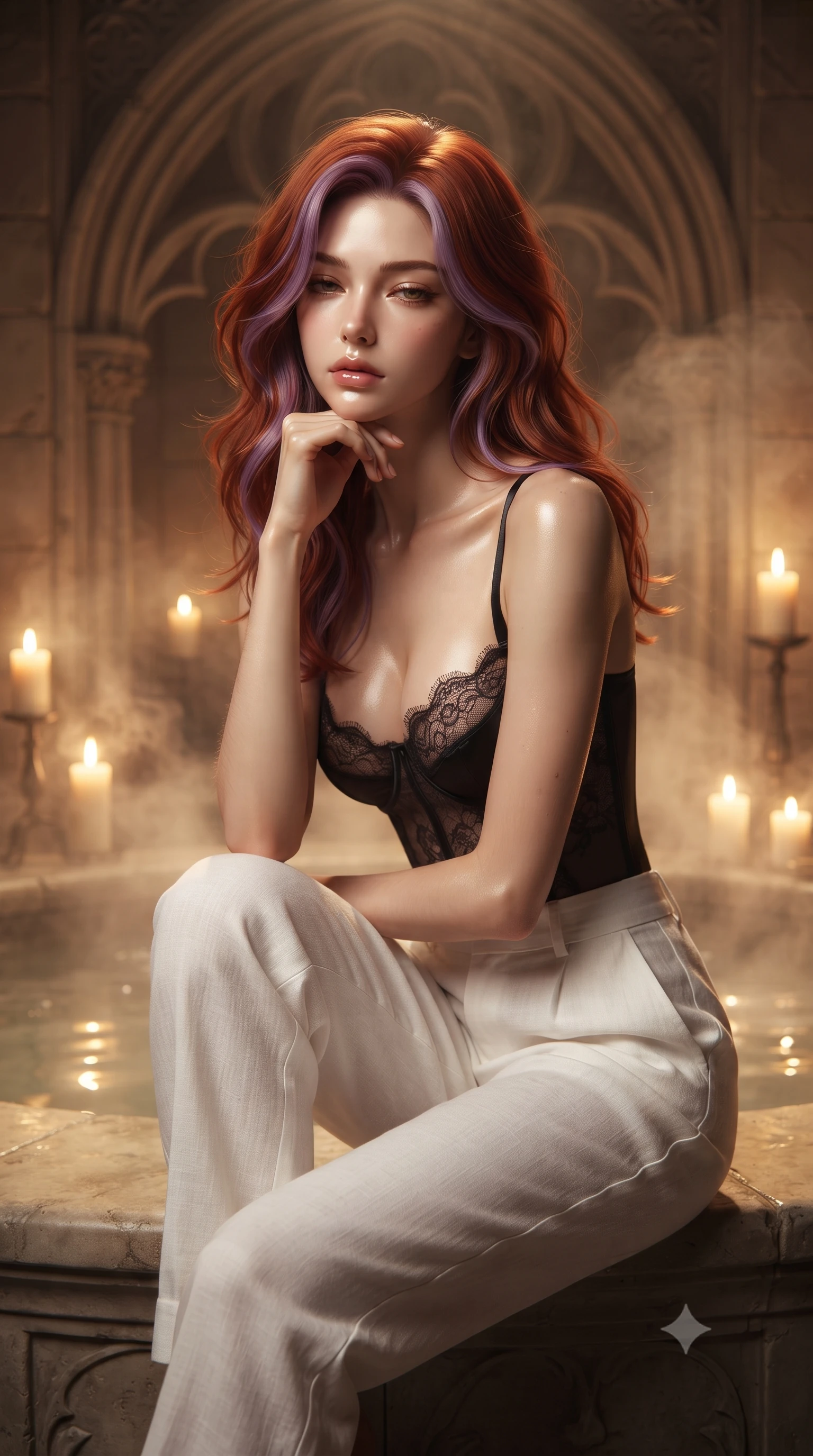 score_9, masterpiece, best quality, ultra-detailed, high-budget anime keyframe, editorial fashion photography, tasteful artistic composition, Caucasian woman. close-up cowboy shot from the waist and thighs up, the character dominates the composition, filling the frame with her large presence, background elements kept in soft focus. resting her chin on the backs of her fingers, casting a heavy-lidded, sultry look past the camera the background shows a soft-focus a private stone bath inside a gothic archway with rising warm mineral steam. She has an exceptionally elegant, slender, and willowy female figure with an ultra-slim waist, a gracefully sculpted slender torso, and a refined silhouette. sharp v-shaped jawline, high-bridge nose, intricate jewel-like eyes with depth, thick eyelashes, glossy lips with a natural sheen. wearing a form-contouring delicate lace corset top in black silk, paired with high-waisted white linen trousers. warm candle stands casting a golden glow onto the steaming water. ultra-reflective glossy finish, specular highlights, metallic sheen, high-contrast stereoscopic depth, volumetric dynamic lighting, 2k, ultra detail, master piece, 9:16 ratio