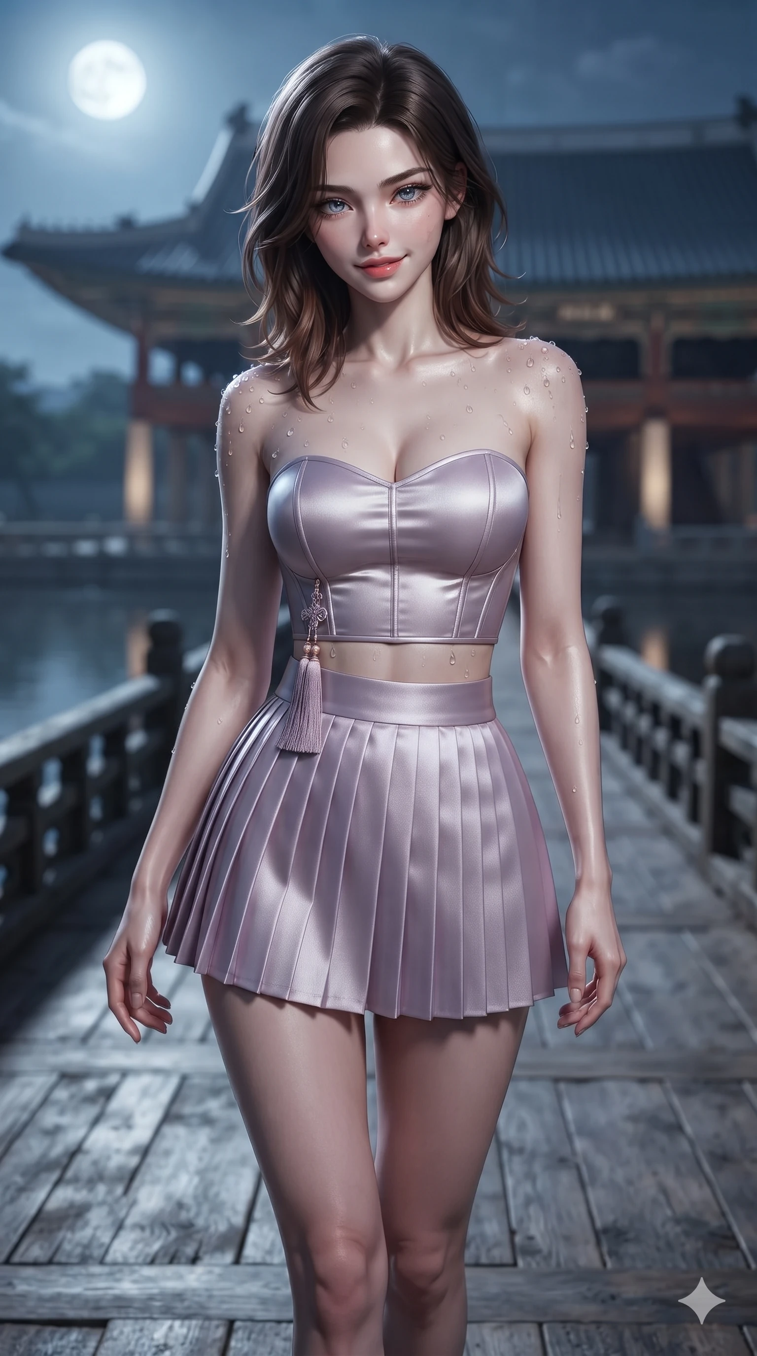 score_9, masterpiece, best quality, ultra-detailed, high-budget anime keyframe, editorial fashion photography, tasteful artistic composition, Korean woman. close-up cowboy shot from the waist and thighs up, the character dominates the composition, filling the frame with her large presence. tilting her head with a teasing half-smile, running one hand slowly down the side of her hip in a flirtatious S-curve as ambient light caresses her silhouette while walking slowly down the grand wooden pavilion deck with regal dark elegance, hips swaying in an alluring supermodel rhythm. The background shows a soft-focus monumental royal banquet pavilion softened in panoramic lake shallow focus. She has an exceptionally elegant, slender, and willowy female figure with an ultra-slim waist, flat toned midriff, narrow ribcage, and sculpted feminine hips creating an alluring, slim hourglass silhouette without bulk. sharp v-shaped jawline, high-bridge nose, sparkling eyes with hypnotic seductive depth, thick curled eyelashes, glossy parted lips with a natural dewy peach sheen, alluring bedroom-eyes with an enchanting coquettish smile, exuding magnetic siren charisma and sophisticated glamour, flawlessly proportioned anatomical accuracy, strict slender model proportions, natural body alignment, perfectly sculpted long slender limbs, ultra-slim waistline, clean dynamic posture without body distortion. wearing a modern boned hanbok bustier top with norigae tassel paired with an ultra-short micro-pleated silk wrap mini skirt in vintage bronze patina and pale wisteria lilac, tailored from smooth liquid silk satin with a natural dewy moonlight sheen, finished with glistening drops of night dew beading across her sculpted shoulders and flat midriff, the form-fitting cut adhering flawlessly to her sculpted flat midriff and slender torso, emphasizing her long leg lines and perfectly proportioned willowy build. bathed in brilliant 4000K moonbeams sweeping across open palace waters. ultra-reflective glossy finish, specular highlights, rich textural contrasts, high-contrast stereoscopic depth, volumetric dynamic lighting, 2k, ultra detail, master piece, 9:16 ratio