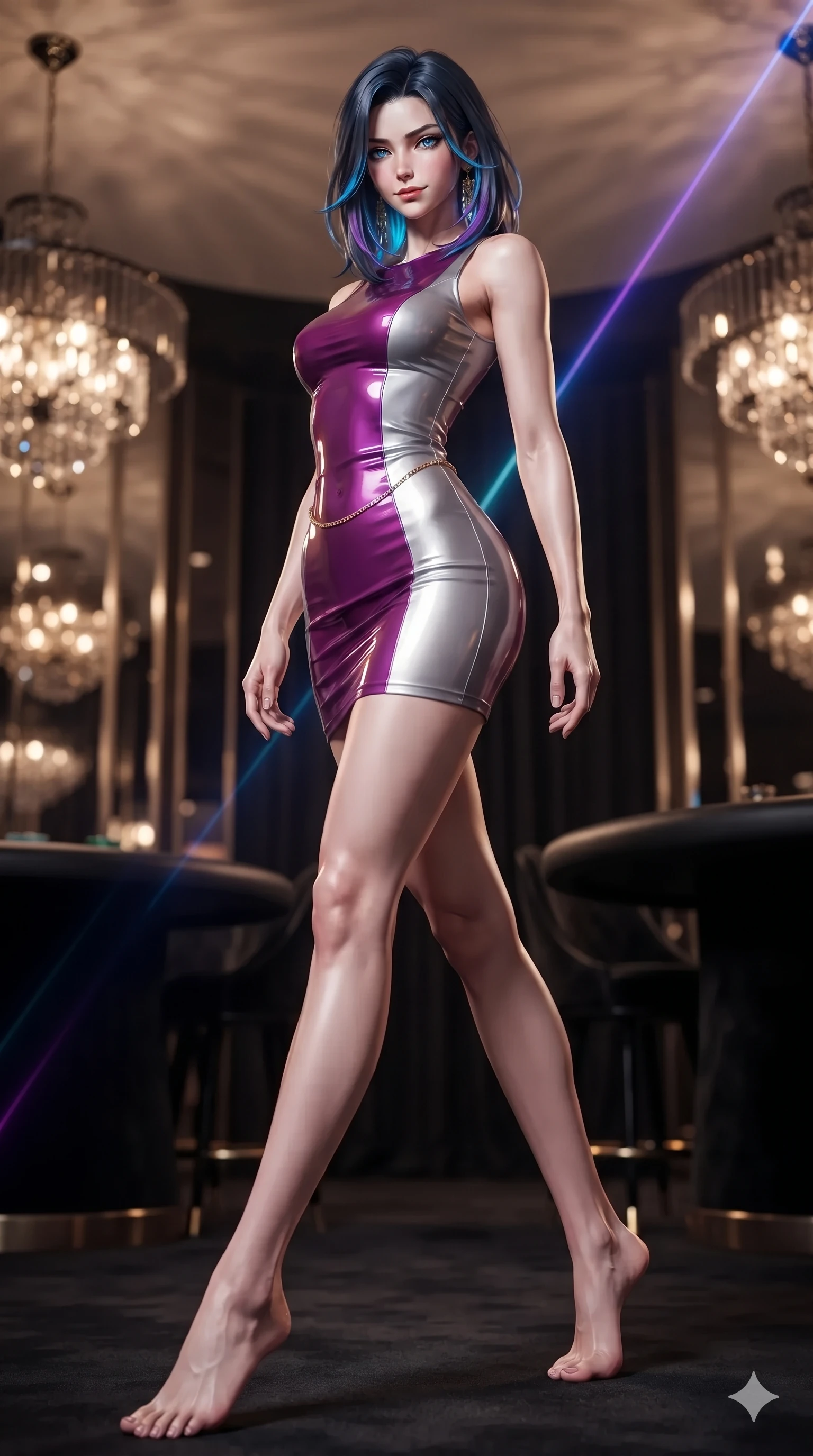 score_9, masterpiece, best quality, ultra-detailed, high-budget anime keyframe, editorial fashion photography, tasteful artistic composition, Caucasian woman. low angle full-body shot from head to toe showing her feet, filling the entire 9:16 vertical frame with her statuesque presence, stretching her vertical silhouette. stepping forward into the sharp laser beam, her long slender legs and curvy hips creating a sweeping vertical line while standing tall beside the high-roller private salon bar, arching her spine with sovereign dark glamour as chandelier prisms glint in her hair. The background shows a soft-focus smoked crystal chandeliers, black velvet gaming tables, and mirror-tinted wall panels blurred into champagne, amber, and obsidian bokeh. She has an absolutely perfect, statuesque 8.5-heads proportion, an exceptionally tall and slender model-like female figure with impossibly long slender legs, an ultra-slim waist, a flat toned midriff, narrow delicate ribcage, and beautifully sculpted feminine hips creating a graceful, slim hourglass silhouette without any bulky heaviness. sharp v-shaped jawline, high-bridge nose, intricate jewel-like dark sparkling eyes with hypnotic seductive depth, thick curled eyelashes, glossy parted lips with a natural wine sheen, alluring bedroom-eyes with an enigmatic smoldering smile, exuding magnetic sovereign charisma and dark avant-garde glamour, flawlessly proportioned anatomical accuracy, strict slender model proportions, natural body alignment, perfectly sculpted long slender limbs, ultra-slim waistline, clean dynamic posture without body distortion. wearing a precision-fitted bodycon dress in high-gloss liquid vinyl in royal amaranth purple and liquid platinum, crafted from wet-look high-gloss vinyl fabric with dazzling specular surface reflections, accented with a dainty gold belly chain resting across her flat midriff and curving hips, the glove-like silhouette tightly following the natural contour of her hips and long slender legs with youthful 8.5-heads elegance. bathed in warm, focused pin-spot lighting over the black gaming tables contrasted with pitch-black intimate lounge shadows. ultra-reflective glossy finish, specular highlights, metallic sheen, high-contrast stereoscopic depth, volumetric dynamic lighting, 2k, ultra detail, master piece, 9:16 ratio