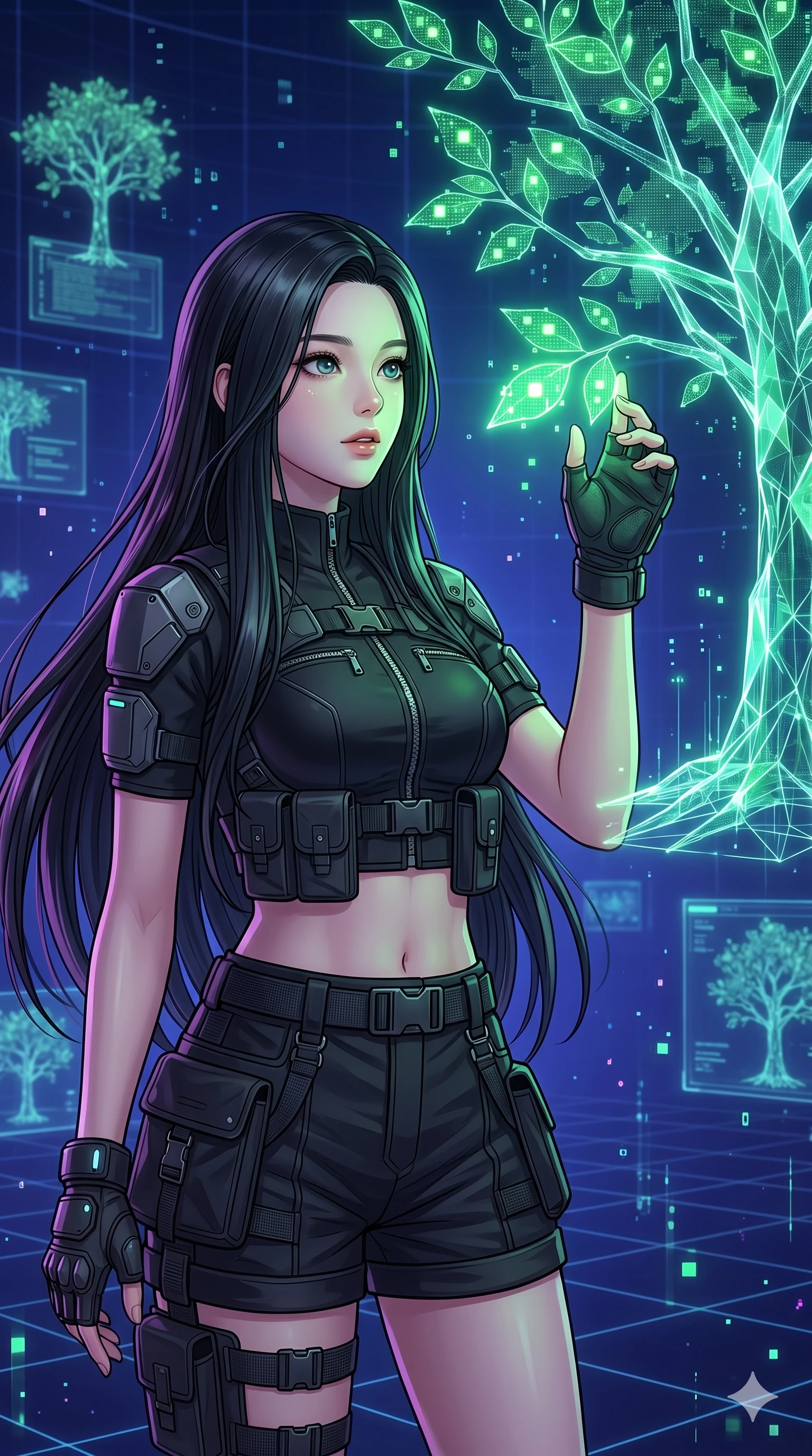 score_9, masterpiece, best quality, ultra-detailed, high-budget anime keyframe, Korean woman. Upper body close-up from the thighs up, character filling the screen for maximum presence. Inside a digital void, next to a floating holographic tree, touching a glowing leaf with a fascinated, gentle expression. She is wearing a cropped tech-wear top, utility shorts, and protective gloves. The scene is lit by the soft green glow of the holographic tree leaves. 2k, ultra detail, master piece, 9:16 ratio