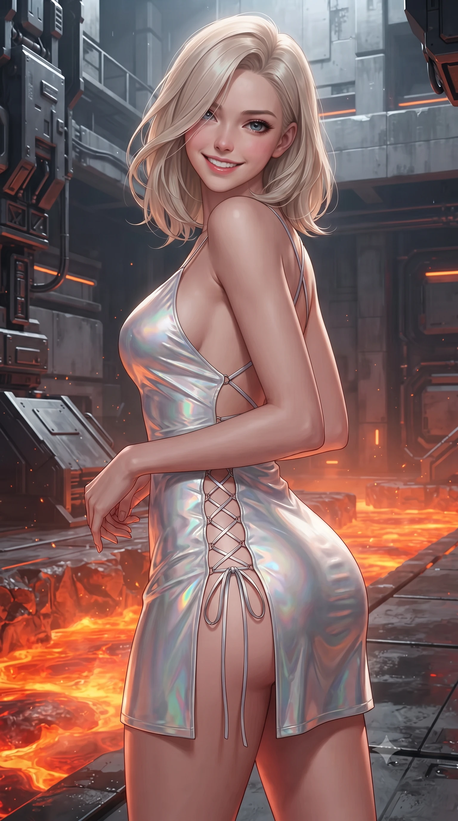 score_9, masterpiece, best quality, ultra-detailed, high-budget anime keyframe, editorial fashion photography, tasteful artistic composition, Caucasian woman. close-up cowboy shot from the waist and thighs up, the character dominates the composition, filling the frame with her large presence. tilting her head with a teasing half-smile, running one hand slowly down the side of her hip in a flirtatious S-curve as ambient light caresses her silhouette while twisting her slender torso in an alluring contrapposto stance beside the molten rock cooling channel, searing orange magma light dancing across her narrow waist and curvy hips. The surrounding environment is rendered in vivid detail and crisp panoramic clarity: detailed tactical coat tailoring, metallic hardware accents, and brutalist oceanic engineering in razor-sharp precision. She has an exceptionally elegant, slender, and willowy female figure with an ultra-slim waist, flat toned midriff, narrow ribcage, and sculpted feminine hips creating an alluring, slim hourglass silhouette without bulk. sharp v-shaped jawline, high-bridge nose, intricate jewel-like sparkling eyes with depth, thick eyelashes, glossy parted lips with a natural peach sheen, bright cheerful beaming smile with an enchanting and coquettish sensual glint, exuding both youthful cute charm and seductive allure, flawlessly proportioned anatomical accuracy, strict slender model proportions, natural body alignment, perfectly sculpted long slender limbs, ultra-slim waistline, clean dynamic posture without body distortion. wearing a backless liquid foil flight mini dress with criss-cross spinal straps and daring high side slit in iridescent mother-of-pearl and liquid molten silver, tailored from high-gloss patent leather with mirror-like specular highlights, featuring fine criss-cross lace-up side ties revealing tantalizing glimpses of her hip curve, the liquid-tight tailored fabric clinging flawlessly to her narrow waist and rounded feminine hips, emphasizing every millimeter of her sculpted slim hourglass curves without any bulky heaviness. illuminated by wet basalt deck reflection bounce and sharp magma-orange rim lights sculpting her razor-sharp jawline, narrow waist, and curvy hips. ultra-reflective glossy finish, specular highlights, rich textural contrasts, high-contrast stereoscopic depth, volumetric dynamic lighting, 2k, ultra detail, master piece, 9:16 ratio