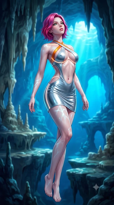 score_9, masterpiece, best quality, ultra-detailed, high-budget anime keyframe, semi-realistic 3D game render, editorial fashion photography, tasteful artistic composition, Caucasian woman. low angle full-body shot from head to toe showing her feet, 
