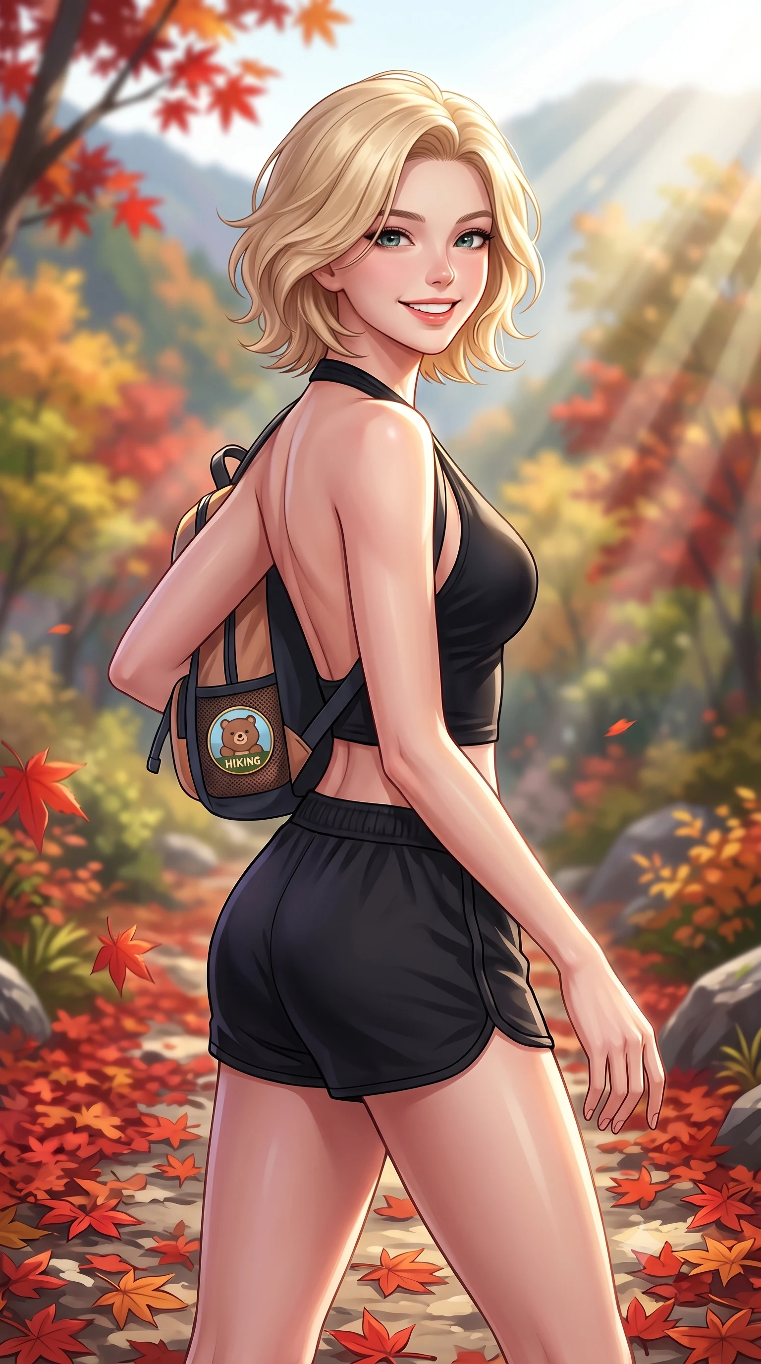 score_9, masterpiece, best quality, ultra-detailed, high-budget anime keyframe, editorial fashion photography, tasteful artistic composition, Caucasian woman. close-up cowboy shot from the waist and thighs up, the character dominates the composition, filling the frame with her large presence, background elements kept in soft focus. smiling with cute and bright self-assurance, looking directly at the viewer set against a soft-focus background of walking through an autumn mountain path covered in red maple leaves carrying a small sporty backpack with a cute hiking badge. She has an exceptionally elegant, slender, and willowy female figure with an ultra-slim waist, a gracefully sculpted slender torso, and a refined silhouette. sharp v-shaped jawline, high-bridge nose, intricate jewel-like eyes with depth, thick eyelashes, glossy lips with a natural sheen. wearing tailored backless activewear halter top in black, paired with sporty shorts. volumetric sunbeams slicing through the forest trees, creating light rays. highly saturated vibrant anime colors, detailed shading with soft gradients, rich glossy textures, high-contrast stereoscopic depth, volumetric dynamic lighting, master piece, 9:16 ratio