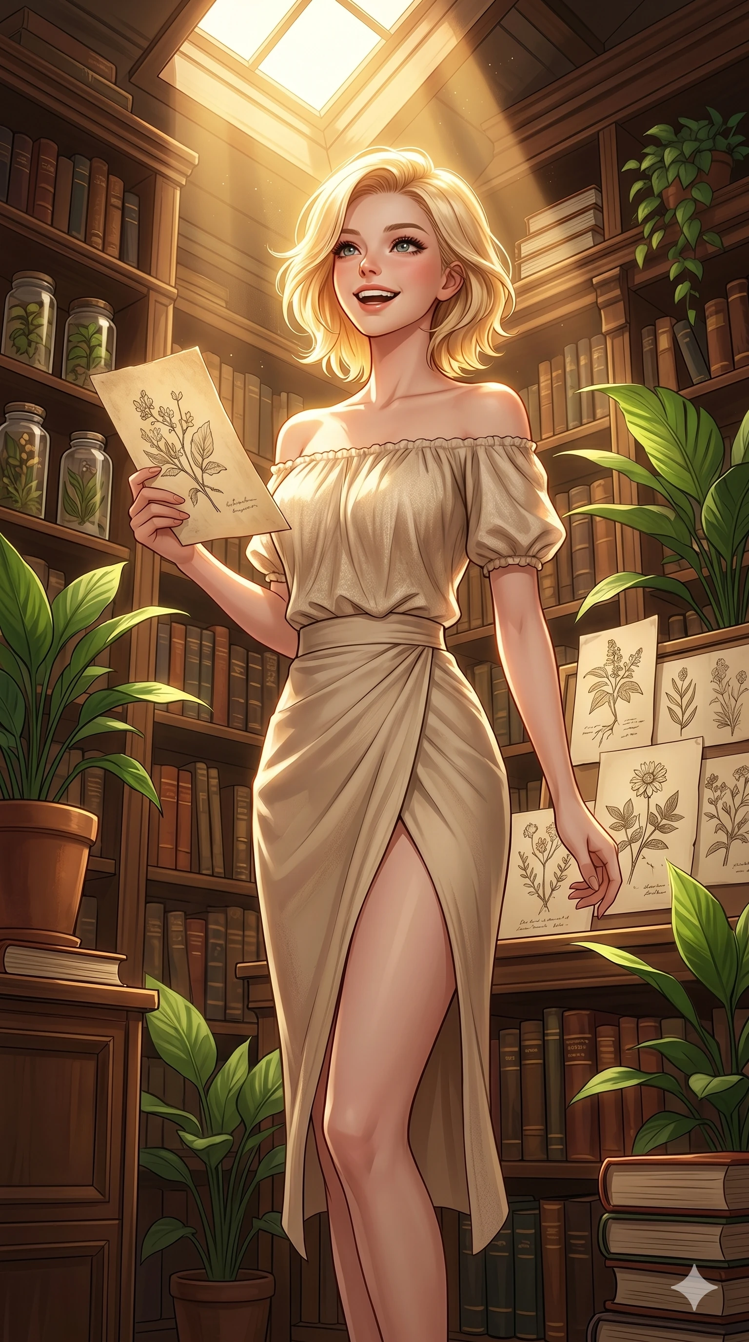 score_9, masterpiece, best quality, ultra-detailed, high-budget anime keyframe, editorial fashion photography, tasteful artistic composition, Caucasian woman, strictly human ears. cowboy shot from the thighs up, character and outfit filling the frame for maximum editorial presence. holding an old botanical sketch, looking up with a bright, excited grin inside a botanical archive library filled with green plants and sunlit books. She has an absolutely perfect 8-heads proportion, an exceptionally tall and slender female figure with impossibly long slender legs and an ultra-slim waist. V-shaped jawline, high-bridge nose, intricate jewel-like eyes with depth, thick eyelashes, glossy lips with a natural sheen. wearing a beige off-shoulder top and a matching high-waisted wrap skirt with a tasteful slit. illuminated by warm, golden sunbeams streaming from a high skylight window. 2k, ultra detail, master piece, 9:16 ratio