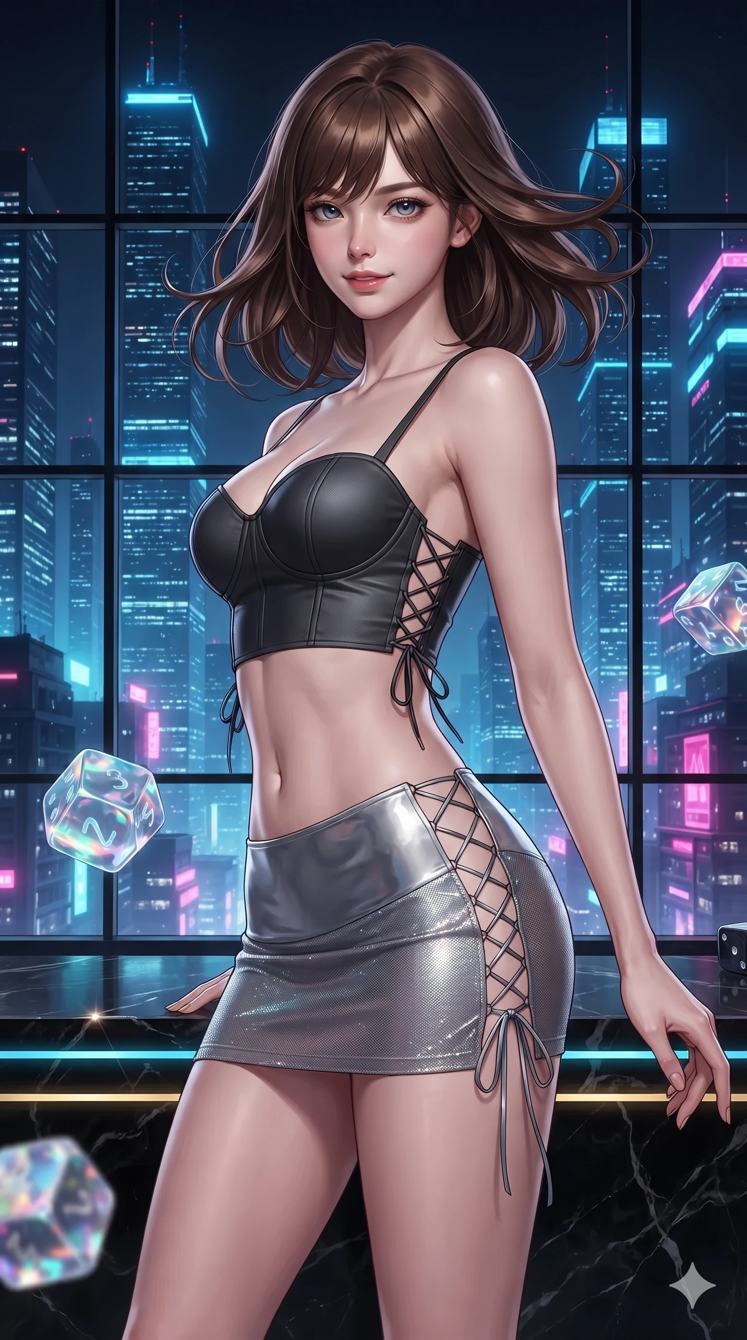 score_9, masterpiece, best quality, ultra-detailed, high-budget anime keyframe, editorial fashion photography, tasteful artistic composition, Korean woman. close-up cowboy shot from the waist and thighs up, the character dominates the composition, filling the frame with her large presence. turning slowly with an enchanting smoldering smile, her glossy hair tossing as her hips angle gracefully in a captivating contrapposto while standing poised against the floor-to-ceiling panoramic glass overlooking towering neon skyscrapers, arching her spine with sovereign glamour as giant holographic dice tumble in mid-air. The surrounding environment is rendered in vivid detail and crisp panoramic clarity: sharp holographic dice numeral facets, polished black marble counter bevels, and crisp skyscraper window grids in deep focus. She has an exceptionally elegant, slender, and willowy female figure with an ultra-slim waist, flat toned midriff, narrow ribcage, and sculpted feminine hips creating an alluring, slim hourglass silhouette without bulk. sharp v-shaped jawline, high-bridge nose, intricate jewel-like sparkling eyes with depth, thick eyelashes, glossy parted lips with a natural sheen, bright confident smile with an enchanting and coquettish sensual glint, exuding both youthful magnetic charm and sovereign high-tech allure, flawlessly proportioned anatomical accuracy, strict slender model proportions, natural body alignment, perfectly sculpted long slender limbs, ultra-slim waistline, clean dynamic posture without body distortion. wearing a sculpted matte carbon underwire crop bustier with lace-up side ties paired with a low-rise micro skirt in reflective liquid mercury and matte phantom grey, crafted from stretch micro-mesh with liquid foil coating that shimmers with every movement, featuring fine criss-cross lace-up side ties revealing tantalizing glimpses of her hip curve, the bespoke structured tailoring following the natural line of her 8.5-heads silhouette with refined elegance. illuminated by bar top reflections and sharp gold-cyan rim lights defining her razor-sharp jawline, narrow waist, and curvy hips. ultra-reflective glossy finish, specular highlights, rich textural contrasts, high-contrast stereoscopic depth, volumetric dynamic lighting, 2k, ultra detail, master piece, 9:16 ratio