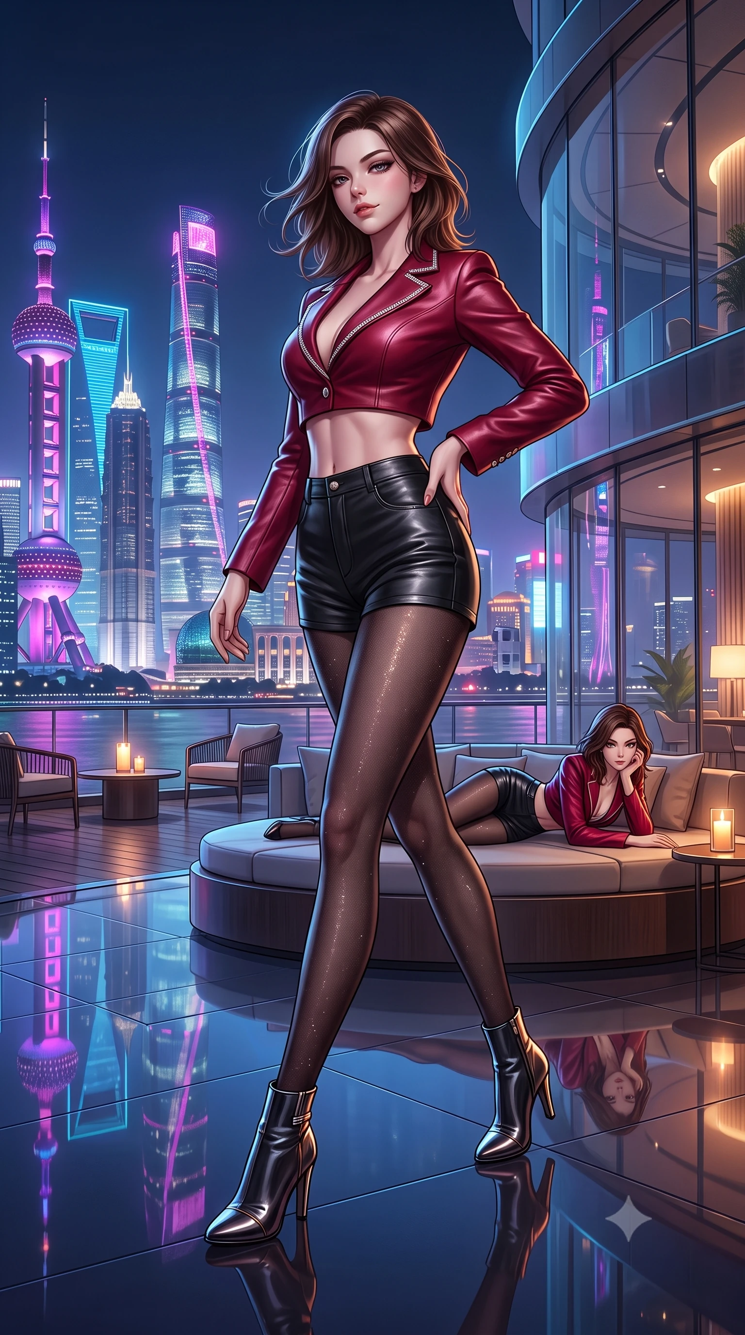 score_9, masterpiece, best quality, ultra-detailed, high-budget anime keyframe, semi-realistic 3D game render, editorial fashion photography, tasteful artistic composition, Korean woman. low angle full-body shot from head to toe showing her feet, filling the entire 9:16 vertical frame with her statuesque presence, stretching her vertical silhouette. striding forward gracefully across the reflective floor with sovereign supermodel poise, hips swaying in an alluring kinetic rhythm that accentuates her curvy hourglass silhouette and long slender legs while lounging gracefully on a circular low banquette propped on one elbow, her radiant dark allure commanding the frame against the futuristic neon towers. The surrounding environment is rendered in vivid detail and crisp panoramic clarity. detailed fabric sheen, hair strands catching the breeze, and Shanghai riverfront architectural precision in high resolution. She has an exceptionally tall and slender model-like 8.5-heads proportion, an ultra-slim waist, a flat toned midriff, narrow delicate ribcage, and beautifully sculpted feminine hips creating a graceful, slim hourglass silhouette without any bulky heaviness, with impossibly long slender legs. sharp v-shaped jawline, high-bridge nose, intricate jewel-like dark sparkling eyes with dangerous depth, thick curled eyelashes, glossy parted lips with a rich wine sheen, smoldering seductive half-smile with bedroom-eyes, exuding effortless superiority and intoxicating dark allure, flawlessly proportioned anatomical accuracy, strict slender model proportions, natural body alignment, perfectly sculpted long slender limbs, ultra-slim waistline, clean dynamic posture without body distortion. wearing a chic cropped lambskin leather bolero jacket paired with high-waisted leather micro-shorts and sheer black hosiery in ruby crimson and muted shadow black, woven from metallic lurex thread casting subtle starlight glints across the fabric, finished with subtle crystal rhinestones lining the plunging neckline, the form-contouring cut accentuating her sculpted flat midriff, narrow delicate ribcage, and gracefully curvy hips with sovereign high-fashion precision. bathed in dramatic neon riverfront ambient bounce and warm terrace candle highlights. highly saturated vibrant anime colors, detailed shading with soft gradients, rich glossy textures, high-contrast stereoscopic depth, volumetric dynamic lighting, master piece, 9:16 ratio