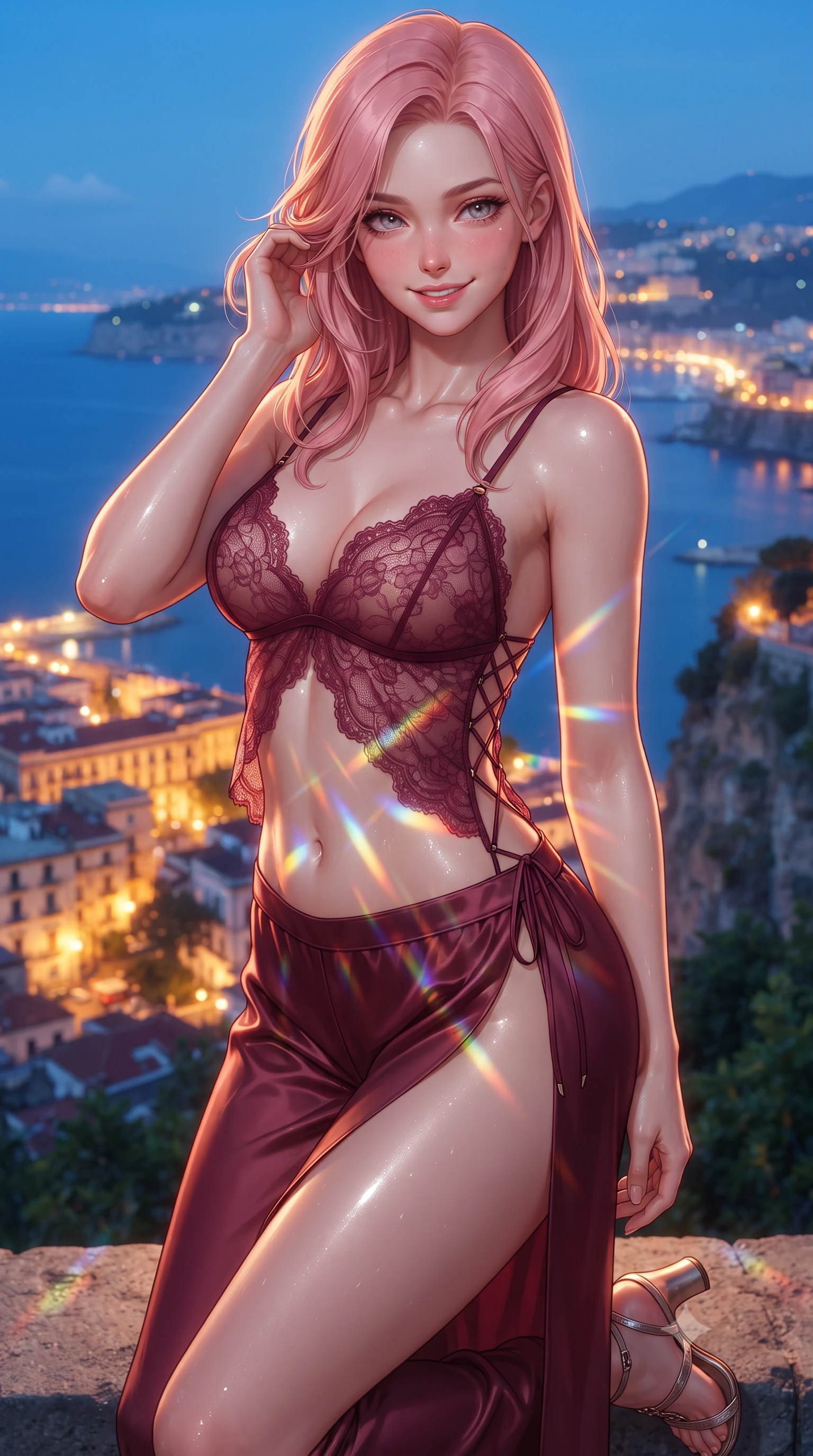 score_9, masterpiece, best quality, ultra-detailed, high-budget anime keyframe, editorial fashion photography, tasteful artistic composition, Japanese woman. close-up cowboy shot from the waist and thighs up, the character dominates the composition, filling the frame with her large presence. gently brushing a lock of hair behind her ear while casting a playful, flirtatious side-gaze with long eyelashes while twisting her slender torso in an alluring contrapposto stance, glowing Naples city lights casting prismatic flares across her flat midriff and curvy hips. The surrounding environment is rendered in vivid detail and crisp panoramic clarity: detailed alluring sheer illusion mesh gown, liquid silver ribbons contouring flat midriff, and cliffside engineering in high resolution. She has an exceptionally elegant, slender, and willowy female figure with an ultra-slim waist, flat toned midriff, narrow ribcage, and sculpted feminine hips creating an alluring, slim hourglass silhouette without bulk. sharp v-shaped jawline, high-bridge nose, intricate jewel-like sparkling eyes with depth, thick eyelashes, glossy parted lips with a natural peach sheen, bright cheerful beaming smile with an enchanting and coquettish sensual glint, exuding both youthful cute charm and seductive allure, flawlessly proportioned anatomical accuracy, strict slender model proportions, natural body alignment, perfectly sculpted long slender limbs, ultra-slim waistline, clean dynamic posture without body distortion. wearing a delicate sheer lace babydoll camisole paired with matching satin tap pants with scalloped eyelash lace trim in French boudoir bordeaux wine and antique brass, woven from buttery-soft stretch lambskin leather adhering to her body like a second skin, featuring fine criss-cross lace-up side ties revealing tantalizing glimpses of her hip curve, the high-slit wrap tailoring accentuating her ultra-slim waistline and the enchanting curve of her feminine hips with alluring seductive charm. bathed in the dynamic blue-hour and midnight bay ambient contrasted with thousands of warm golden city lights along the Naples coast. ultra-reflective glossy finish, specular highlights, rich textural contrasts, high-contrast stereoscopic depth, volumetric dynamic lighting, 2k, ultra detail, master piece, 9:16 ratio