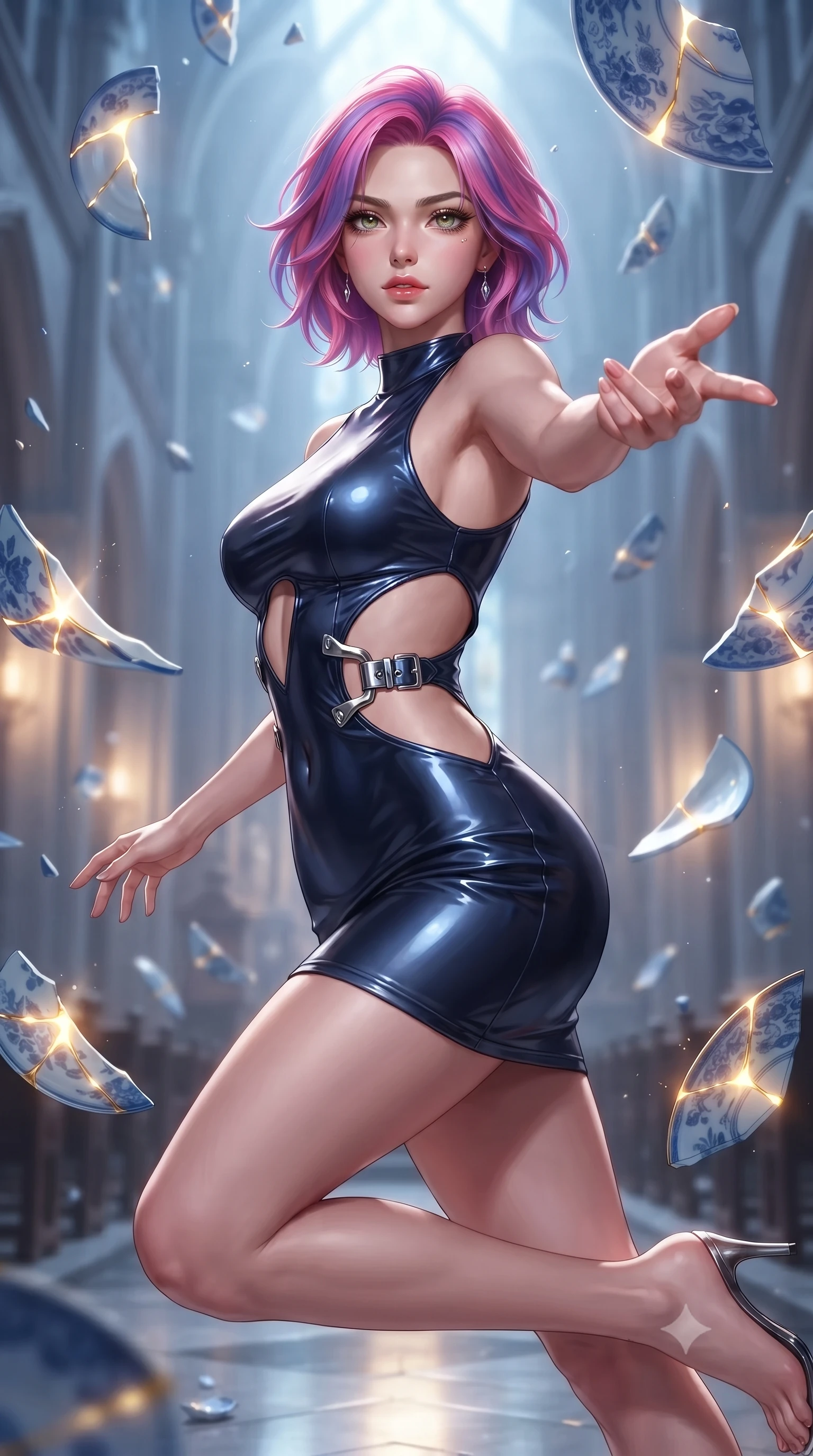 score_9, masterpiece, best quality, ultra-detailed, high-budget anime keyframe, editorial fashion photography, tasteful artistic composition, Caucasian woman. close-up cowboy shot from the waist and thighs up, the character dominates the composition, filling the frame with her large presence, background elements kept in soft focus. Reaching her hand gracefully toward the camera with magnetic allure, her torso turning in a dynamic S-curve alignment while leaping through an alchemical cathedral nave flanked by floating blue-and-white porcelain shards, luminous gold kintsugi seams glowing with intense golden inner radiance. She has an exceptionally elegant, slender, and willowy female figure with an ultra-slim waist, a gracefully sculpted slender torso, and a refined silhouette. sharp v-shaped jawline, high-bridge nose, intricate jewel-like eyes with depth, thick eyelashes, glossy lips with a natural sheen, flawlessly proportioned anatomical accuracy, natural body alignment, perfectly sculpted elegant limbs, clean dynamic posture without body distortion. wearing a dramatic open-waist cutout mini dress framed by sculptural hardware in midnight navy blue and chrome trim, crafted from smooth liquid silk, detailed with polished silver buckles along the waistline, the sleek second-skin texture accentuating her magnetic presence. surrounded by a majestic inner radiance highlighting glossy white porcelain. ultra-reflective glossy finish, specular highlights, metallic sheen, high-contrast stereoscopic depth, volumetric dynamic lighting, 2k, ultra detail, master piece, 9:16 ratio