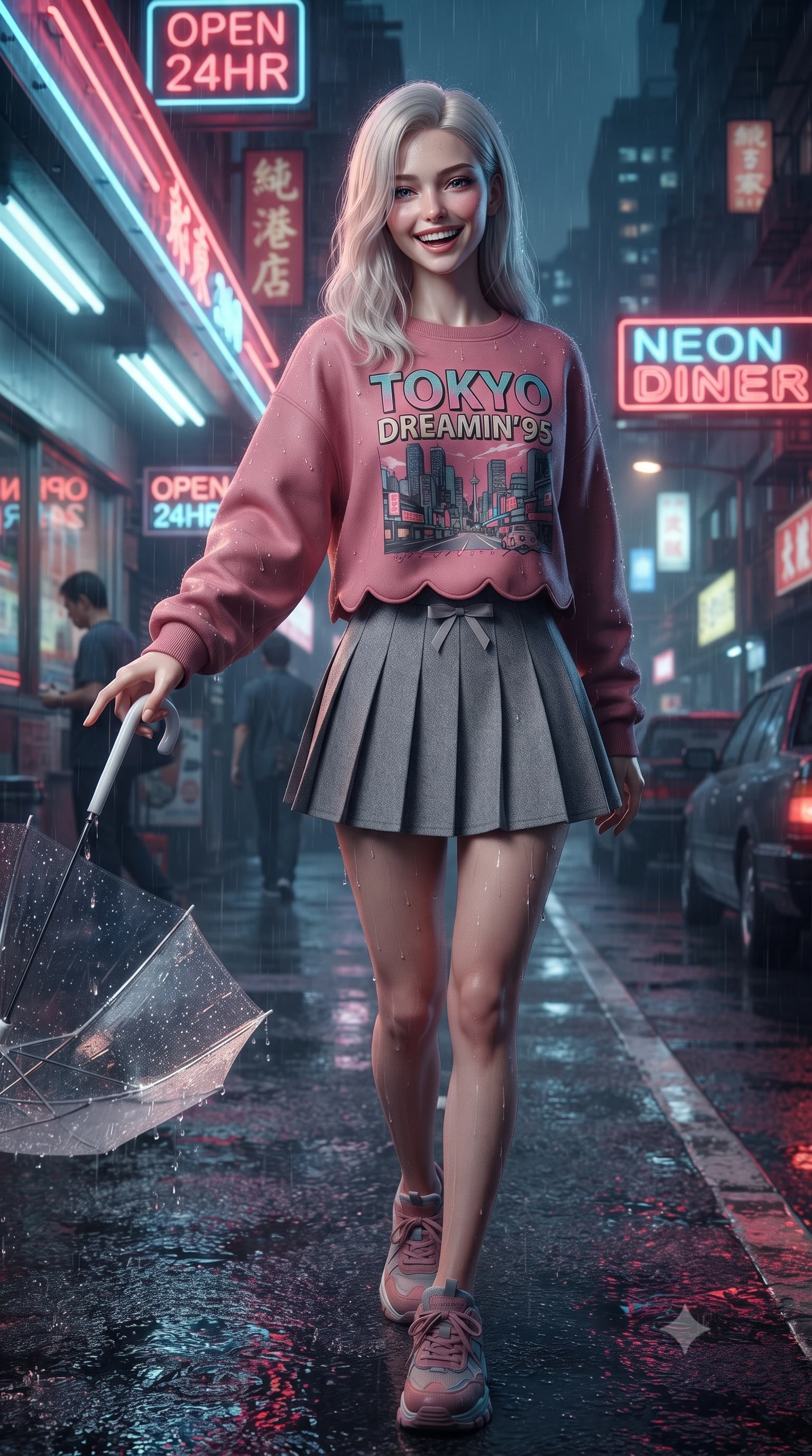 score_9, masterpiece, best quality, ultra-detailed, high-budget anime keyframe, editorial fashion photography, tasteful artistic composition, Caucasian woman. close-up cowboy shot from the waist and thighs up, the character dominates the composition, filling the frame with her large presence. extending one slender arm gracefully toward the foreground while casting an affectionate, mesmerizing glance while standing under the neon diner awning shaking raindrops from her umbrella with a sweet, radiant laugh. The surrounding environment is rendered in vivid detail and crisp panoramic clarity. authentic 90s film noir chiaroscuro and atmospheric retro Asian city nightlife rendered in precision. She has an exceptionally elegant, slender, and willowy female figure with an ultra-slim waist, a gracefully sculpted slender torso, toned flat midriff, and a refined slim silhouette. sharp v-shaped jawline, high-bridge nose, intricate jewel-like eyes with depth, thick eyelashes, glossy lips with a natural sheen, captivating and magnetic expression, flawlessly proportioned anatomical accuracy, strict slender model proportions, natural body alignment, perfectly sculpted long slender limbs, ultra-slim waistline, clean dynamic posture without body distortion. wearing a vibrant retro graphic oversized sweatshirt paired with a pleated tennis skirt and chunky sneakers in dusty rose pink and vintage heather grey, crafted from ultra-soft brushed fleece and vintage-washed jersey, finished with a dainty waist ribbon bow and scalloped hemline trims, the breezy yet form-flattering drape swaying gracefully with her steps, accentuating her long willowy limbs and slim waistline. surrounded by a romantic, moody, and irresistibly nostalgic 90s city-pop heroine aura. ultra-reflective glossy finish, specular highlights, rich textural contrasts, high-contrast stereoscopic depth, volumetric dynamic lighting, 2k, ultra detail, master piece, 9:16 ratio