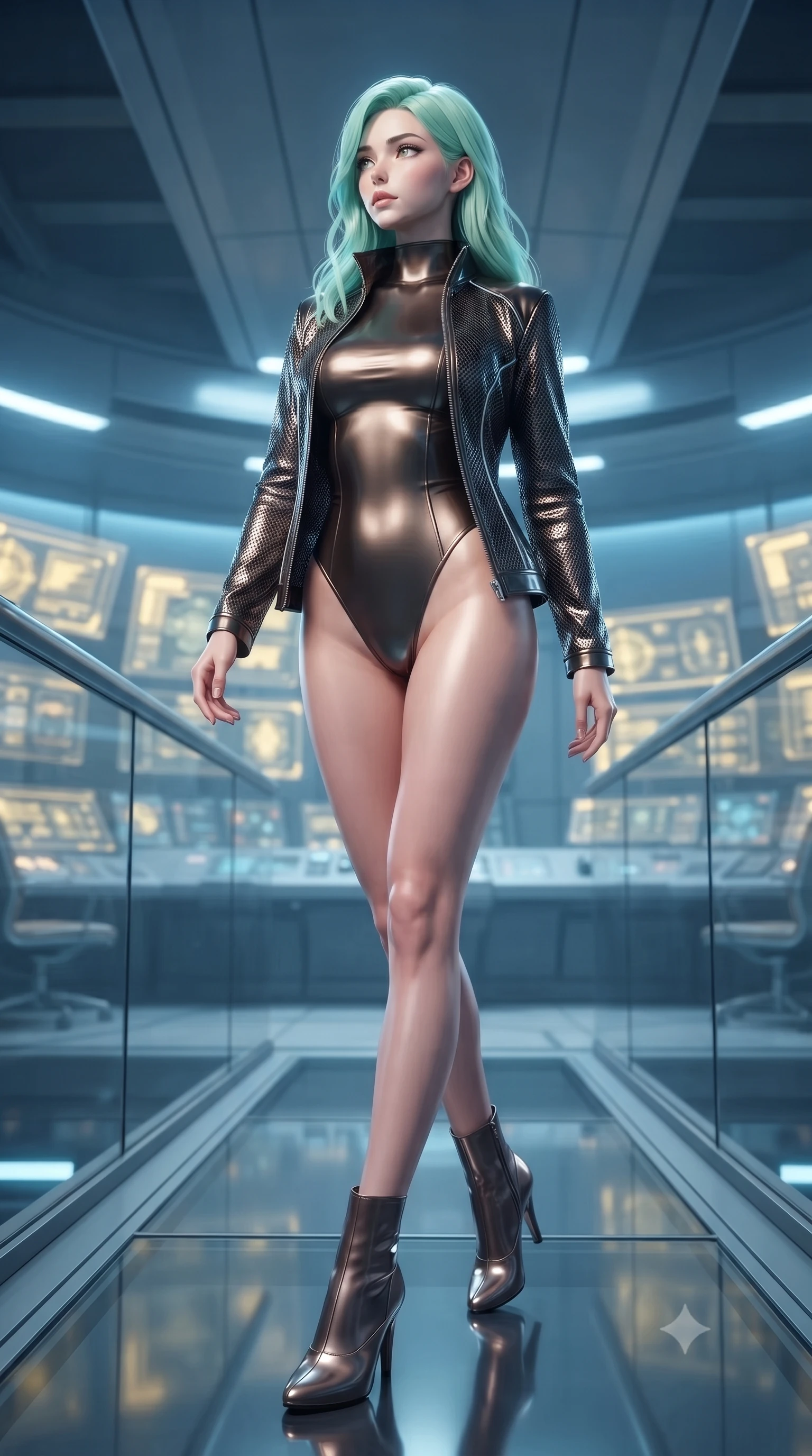 score_9, masterpiece, best quality, ultra-detailed, high-budget anime keyframe, editorial fashion photography, tasteful artistic composition, Japanese woman. low angle full-body shot from head to toe showing her feet, filling the entire 9:16 vertical frame with her statuesque presence, stretching her vertical silhouette. walking slowly along a glass skybridge, looking back over her shoulder with an air of effortless grace, the background shows a soft-focus a replicator console room with holographic terminal displays in soft focus. She has an absolutely perfect, statuesque 8.5-heads proportion, an exceptionally tall and slender model-like female figure with impossibly long slender legs and an ultra-slim waist. sharp v-shaped jawline, high-bridge nose, intricate jewel-like eyes with depth, thick eyelashes, glossy lips with a natural sheen. wearing a slim-fit form-fitting high-neck bodysuit in dark bronze, worn under a tailored open carbon-mesh tactical jacket. soft yellow terminal glare contrasting with the cool blue simulation space. ultra-reflective glossy finish, specular highlights, metallic sheen, high-contrast stereoscopic depth, volumetric dynamic lighting, 2k, ultra detail, master piece, 9:16 ratio
