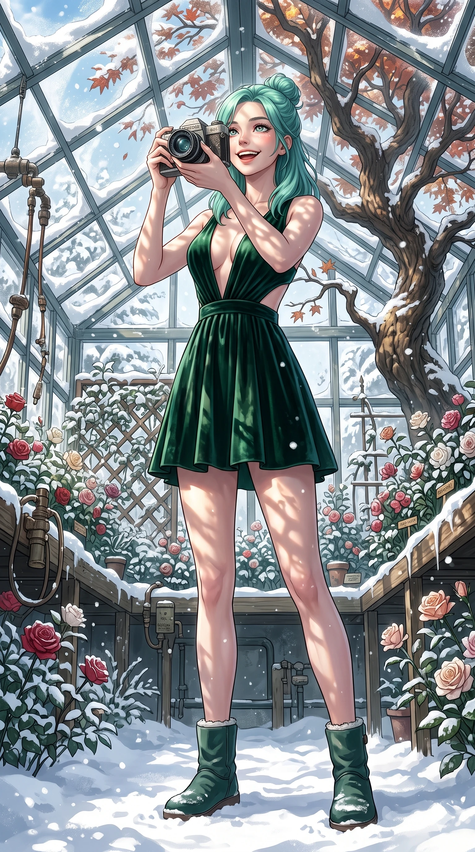 score_9, masterpiece, best quality, ultra-detailed, high-budget anime keyframe, vibrant anime aesthetic, Japanese woman. low angle full-body shot from head to toe showing her feet, filling the entire 9:16 vertical frame with her statuesque presence, stretching her vertical silhouette. She is holding a camera with a bright grin, looking up with a joyful expression in the snow inside a bright glass greenhouse filled with winter roses (Code-P21-045). She has an absolutely perfect 8-heads proportion, an exceptionally tall and slender female figure with impossibly long slender legs and an ultra-slim waist. V-shaped jawline, high-bridge nose, intricate jewel-like eyes with depth, thick eyelashes, glossy lips with a natural sheen. wearing a plunging neckline mini dress with side cutouts in green velvet. She is bathed in dappled sunlight filtering through autumn maples, creating organic shadows. 2k, ultra detail, master piece, 9:16 ratio
