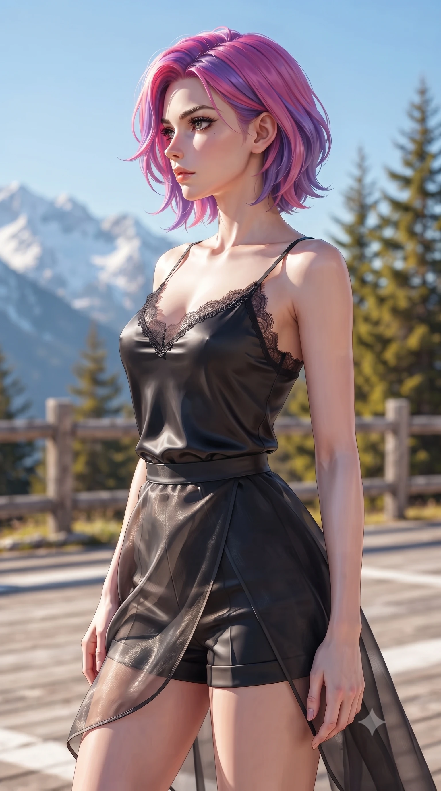 score_9, masterpiece, best quality, ultra-detailed, high-budget anime keyframe, editorial fashion photography, tasteful artistic composition, Caucasian woman. close-up cowboy shot from the waist and thighs up, the character dominates the composition, filling the frame with her large presence, background elements kept in soft focus. turning her face in sharp profile, casting a cold, mysterious, yet intensely alluring side gaze, the background shows a soft-focus a mountain chalet helipad with wood fences and views of snowy peaks. She has an exceptionally elegant, slender, and willowy female figure with an ultra-slim waist, a gracefully sculpted slender torso, and a refined silhouette. sharp v-shaped jawline, high-bridge nose, intricate jewel-like eyes with depth, thick eyelashes, glossy lips with a natural sheen. wearing a form-contouring delicate lace-trim camisole in black silk, paired with a sheer organza wrap skirt and shorts. bright morning alpine sun highlighting the white snow and green pine trees. ultra-reflective glossy finish, specular highlights, metallic sheen, high-contrast stereoscopic depth, volumetric dynamic lighting, 2k, ultra detail, master piece, 9:16 ratio
