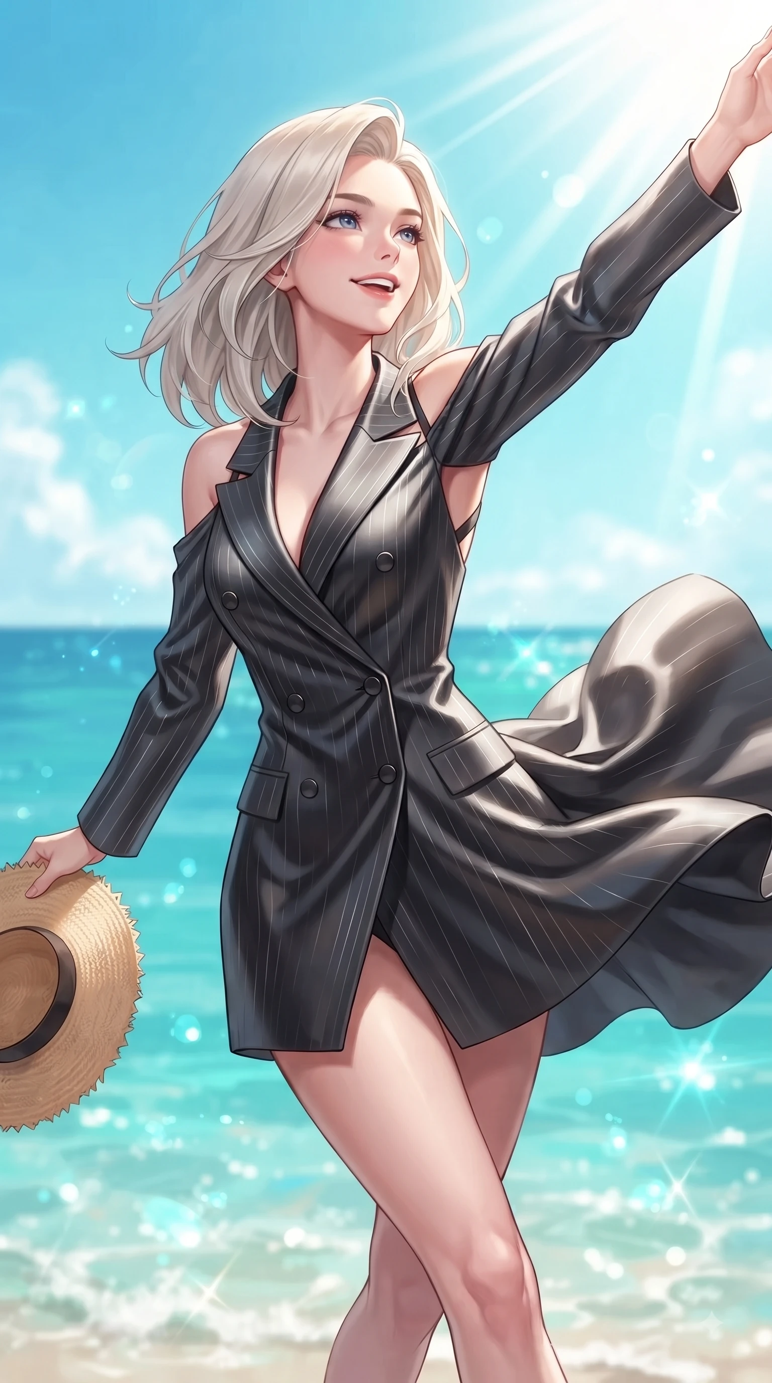 score_9, masterpiece, best quality, ultra-detailed, high-budget anime keyframe, editorial fashion photography, tasteful artistic composition, Caucasian woman. close-up cowboy shot from the waist and thighs up, the character dominates the composition, filling the frame with her large presence, background elements kept in soft focus. Extending one arm in an elegant stretch toward the light while smiling with vibrant, youthful self-assurance while running playfully along an emerald sea beach with a straw sunhat held lightly in one hand, fresh ocean breeze billowing her summer sundress into fluid, uplifting motions. She has an exceptionally elegant, slender, and willowy female figure with an ultra-slim waist, a gracefully sculpted slender torso, and a refined silhouette. sharp v-shaped jawline, high-bridge nose, intricate jewel-like eyes with depth, thick eyelashes, glossy lips with a natural sheen, flawlessly proportioned anatomical accuracy, natural body alignment, perfectly sculpted elegant limbs, clean dynamic posture without body distortion. wearing a double-breasted blazer dress with subtle metallic pin-stripes in matte black and polished silver, crafted from lustrous satin jersey with fluid draping, complemented by criss-cross back straps highlighting her bare shoulders, the elegant draped fit framing her graceful clavicle and slender torso. bathed in bright sunny tropical sunbeams and sparkling turquoise sea refractions. ultra-reflective glossy finish, specular highlights, metallic sheen, high-contrast stereoscopic depth, volumetric dynamic lighting, 2k, ultra detail, master piece, 9:16 ratio