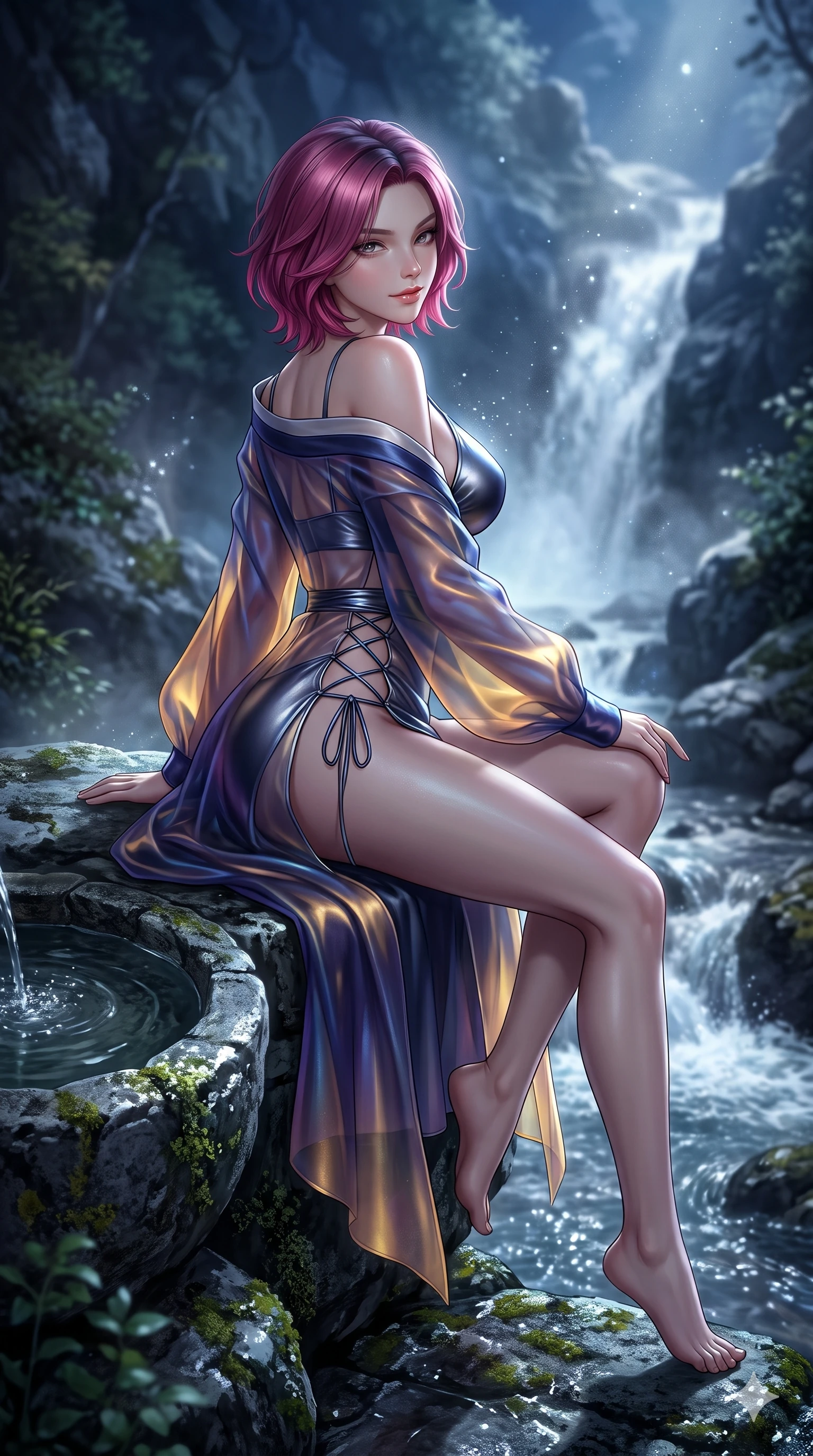 score_9, masterpiece, best quality, ultra-detailed, high-budget anime keyframe, semi-realistic 3D game render, editorial fashion photography, tasteful artistic composition, Caucasian woman. close-up cowboy shot from the waist and thighs up, the character dominates the composition, filling the frame with her large presence. twisting her slender torso in a deep contrapposto stance, hips dramatically shifted to accentuate her feminine curves while looking past her shoulder with smoldering bedroom-eyes while perched sideways on the natural rock ledge beside the stone water basin, legs dangling gracefully toward the bubbling mountain stream. The background shows a soft-focus wild mountain ravine softened in natural landscape shallow focus. She has an exceptionally elegant, slender, and willowy female figure with an ultra-slim waist, flat toned midriff, narrow ribcage, and sculpted feminine hips creating an alluring, slim hourglass silhouette without bulk. sharp v-shaped jawline, high-bridge nose, sparkling eyes with hypnotic seductive depth, thick curled eyelashes, glossy parted lips with a natural dewy peach sheen, alluring bedroom-eyes with an enchanting coquettish smile, exuding magnetic siren charisma and sophisticated glamour, flawlessly proportioned anatomical accuracy, strict slender model proportions, natural body alignment, perfectly sculpted long slender limbs, ultra-slim waistline, clean dynamic posture without body distortion. wearing a translucent iridescent organza durumagi robe slipping off bare shoulders over a matching satin micro-bralette and wrap briefs in midnight indigo and glowing lantern topaz, made of liquid dark mercury jersey with seamless sculpting hold and fluid drape, featuring fine criss-cross lace-up side ties revealing tantalizing glimpses of her hip curve, the bespoke structured tailoring following the natural line of her 8.5-heads silhouette with refined elegance. bathed in luminous moonlight reflecting off roaring white water cascades and misty spray. highly saturated vibrant anime colors, detailed shading with soft gradients, rich glossy textures, high-contrast stereoscopic depth, volumetric dynamic lighting, master piece, 9:16 ratio