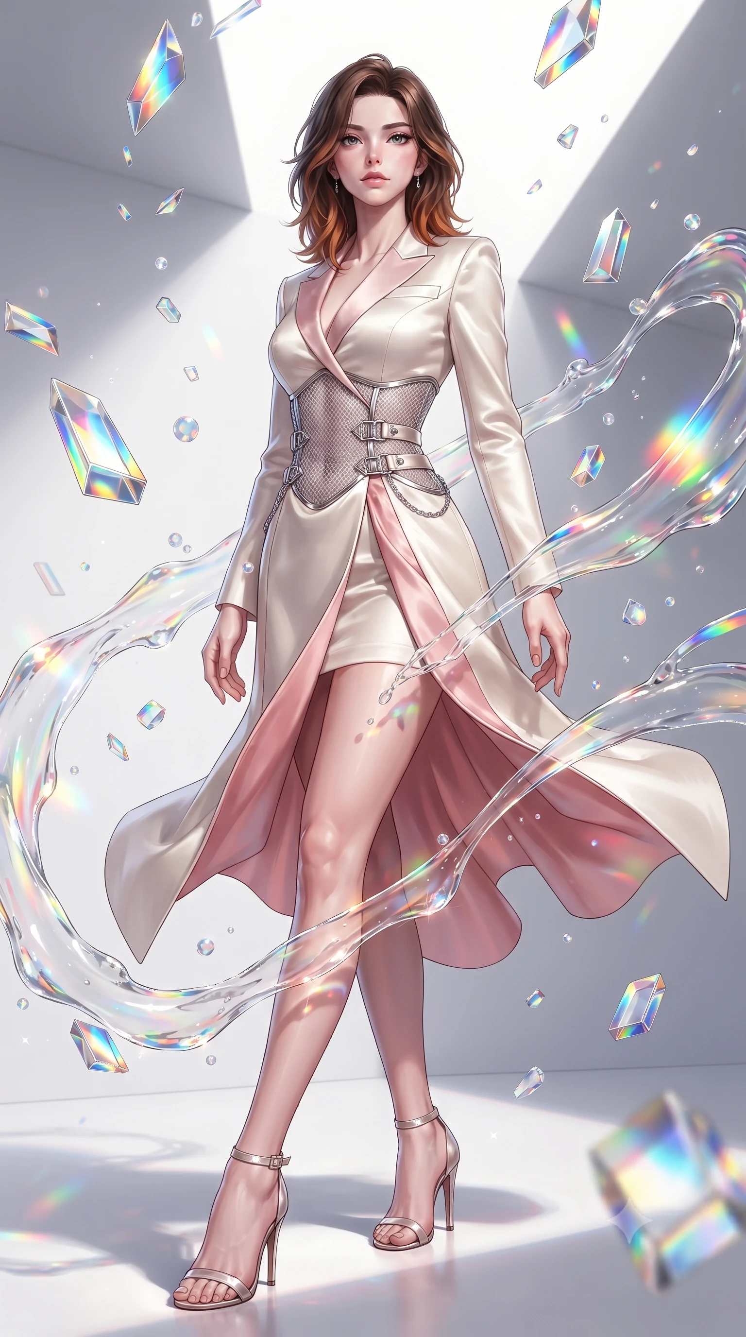 score_9, masterpiece, best quality, ultra-detailed, high-budget anime keyframe, editorial fashion photography, tasteful artistic composition, Korean woman. low angle full-body shot from head to toe showing her feet, filling the entire 9:16 vertical frame with her statuesque presence, stretching her vertical silhouette. interacting with floating opal particles, her long slender legs poised in motion, interacting with floating glass prisms that refract liquid light into rainbows, translucent liquid acrylic trails creating dynamic motion paths. She has an absolutely perfect, statuesque 8.5-heads proportion, an exceptionally tall and slender model-like female figure with impossibly long slender legs and an ultra-slim waist. sharp v-shaped jawline, high-bridge nose, intricate jewel-like eyes with depth, thick eyelashes, glossy lips with a natural sheen. wearing tailored ivory tux dress with satin lapels and fitted waist in soft blush pink, made of fine silver contouring mesh, framed by polished silver buckles and delicate chain details, the fitted fabric emphasizing her ultra-slim waist. bathed in high-contrast vibrant studio lighting with sharp specular highlights. highly saturated vibrant anime colors, detailed shading with soft gradients, rich glossy textures, high-contrast stereoscopic depth, volumetric dynamic lighting, master piece, 9:16 ratio