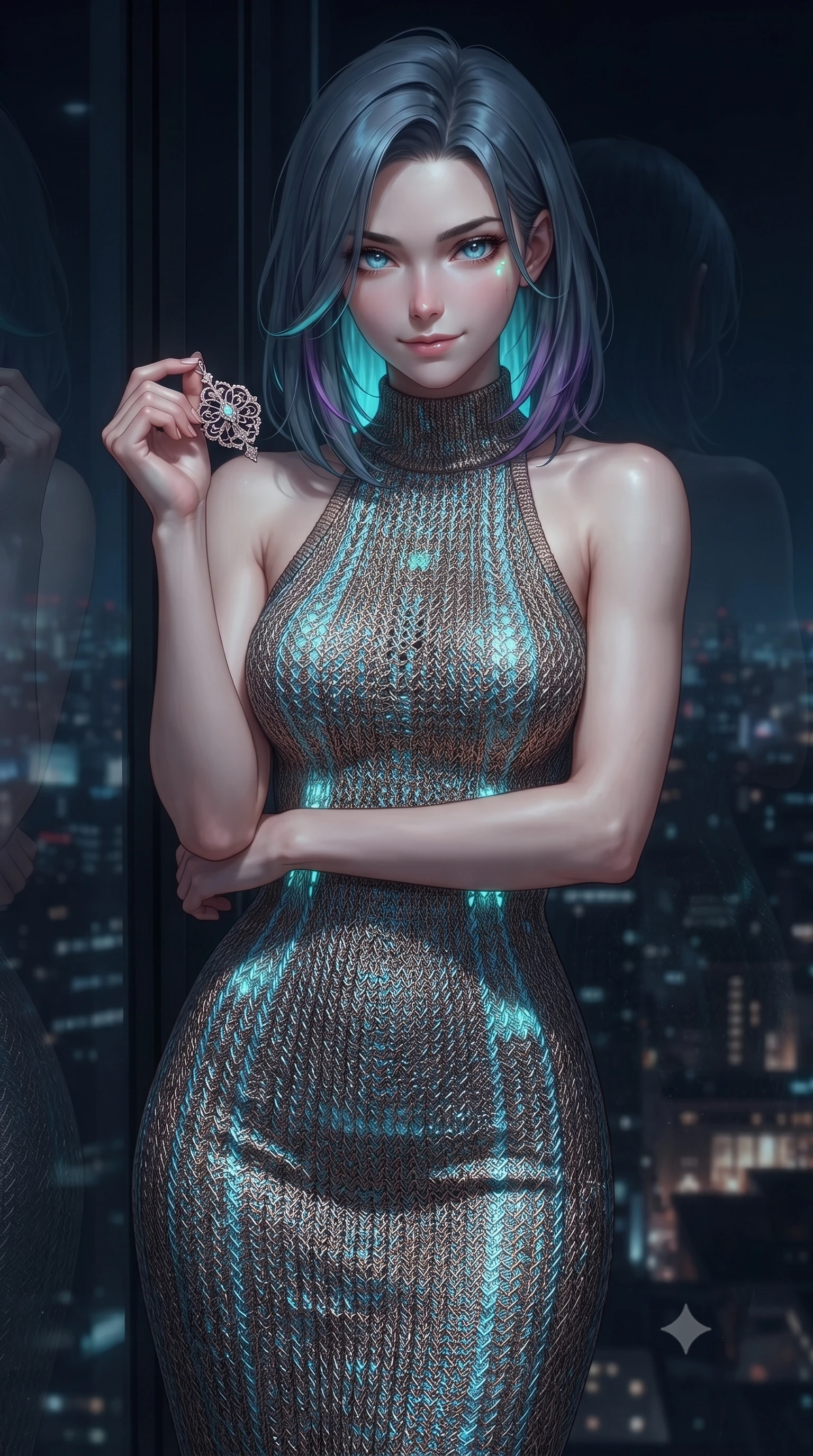 score_9, masterpiece, best quality, ultra-detailed, high-budget anime keyframe, editorial fashion photography, tasteful artistic composition, Caucasian woman, strictly human ears. close-up cowboy shot from the waist and thighs up, the character dominates the composition, filling the frame with her large presence, background elements kept in soft focus. Holding a delicate object up near her face while gazing at the viewer with a knowing smile. set against a soft-focus background of standing against floor-to-ceiling windows of a minimalist penthouse office with the entire night city reflected in the glass creating a ghostly double-exposure effect where interior and exterior merge in the reflection. She has an exceptionally elegant and slender, willowy female figure with an ultra-slim waist, a gracefully sculpted slender torso, and a refined slim physique. sharp v-shaped jawline, high-bridge nose, intricate jewel-like eyes with depth, thick eyelashes, glossy lips with a natural sheen. wearing a high-neck racer-back fitted dress in a metallic bronze and sky blue knit, highlighting her athletic shoulders and slender torso. soft aqua bioluminescent light making her skin luminously glow against darkness. 2k, ultra detail, master piece, 9:16 ratio