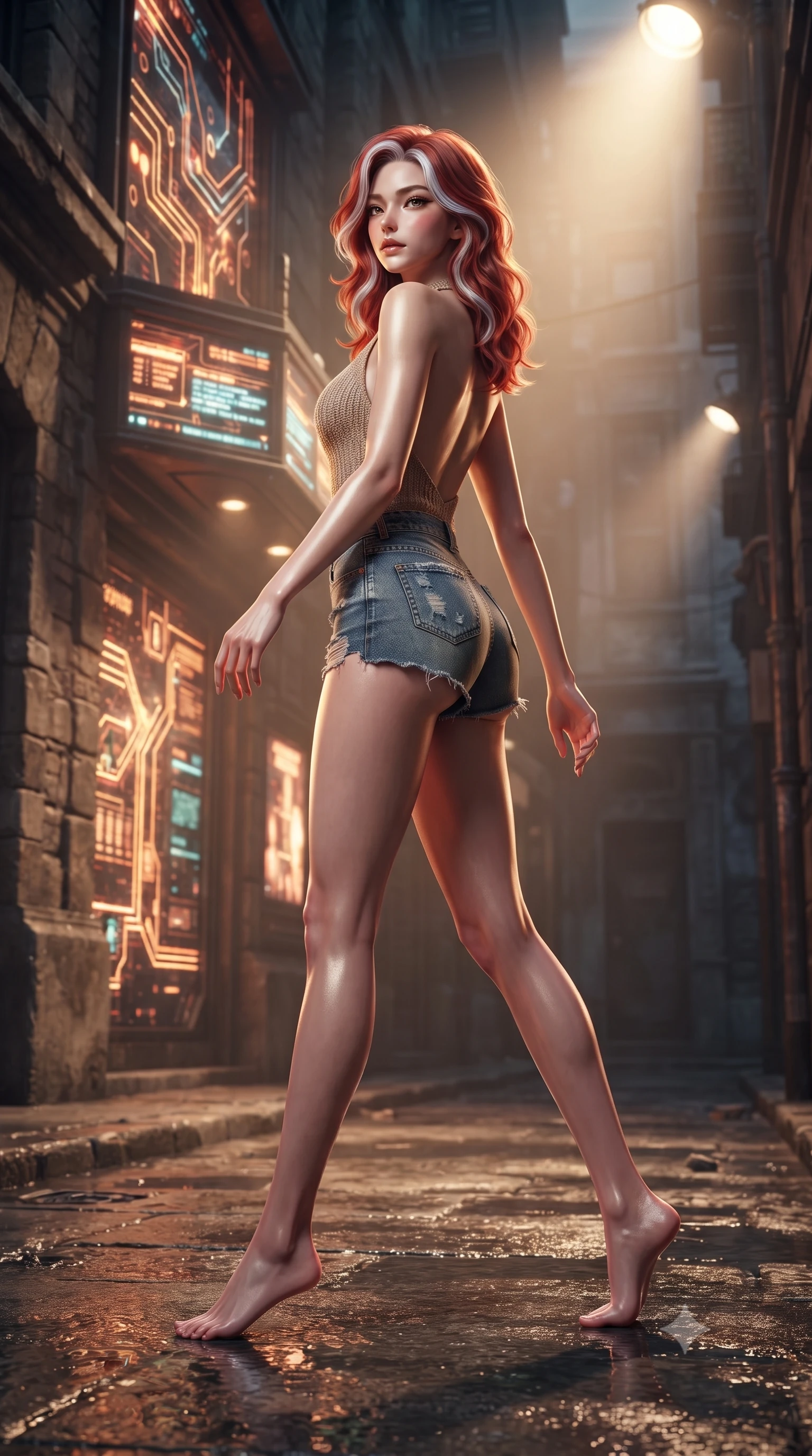 score_9, masterpiece, best quality, ultra-detailed, high-budget anime keyframe, editorial fashion photography, tasteful artistic composition, Caucasian woman. low angle full-body shot from head to toe showing her feet, filling the entire 9:16 vertical frame with her statuesque presence, stretching her vertical silhouette. stepping gracefully while looking back over her shoulder, her dress draped tightly to reveal her silhouette the background shows a soft-focus a secluded alleyway behind a glowing cybernetic theatre facade. She has an absolutely perfect, statuesque 8.5-heads proportion, an exceptionally tall and slender model-like female figure with impossibly long slender legs and an ultra-slim waist. sharp v-shaped jawline, high-bridge nose, intricate jewel-like eyes with depth, thick eyelashes, glossy lips with a natural sheen. wearing a slim-fit backless knit top in beige wool, paired with high-waisted denim shorts. dramatic theater spotlights casting a bright warm key light on her silhouette. ultra-reflective glossy finish, specular highlights, metallic sheen, high-contrast stereoscopic depth, volumetric dynamic lighting, 2k, ultra detail, master piece, 9:16 ratio