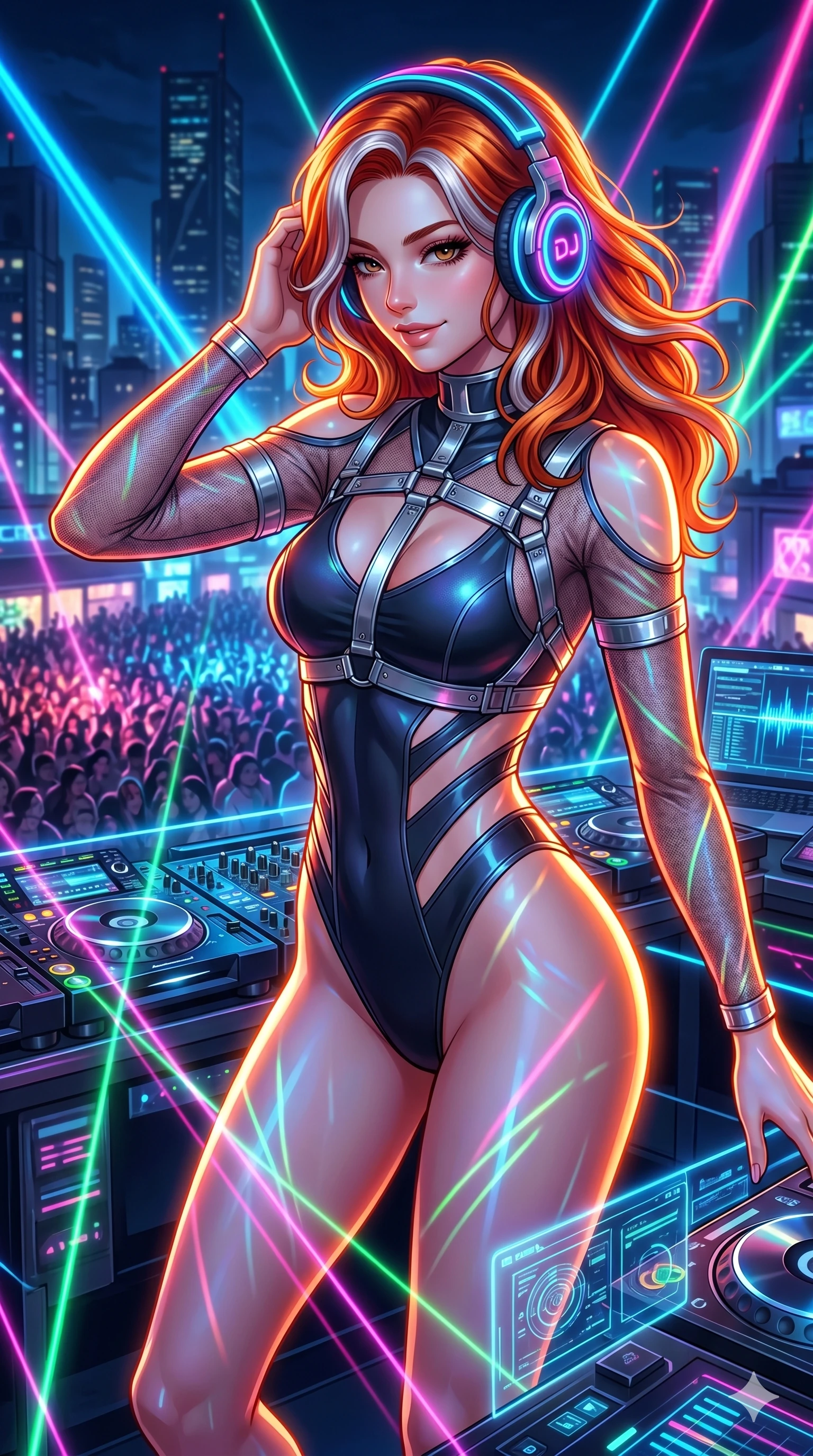 score_9, masterpiece, best quality, ultra-detailed, high-budget anime keyframe, Caucasian woman, strictly human ears. Upper body close-up from the thighs up, character filling the screen for maximum presence. She is adjusting glowing neon headphones at a futuristic rooftop DJ booth. She sways to the music, glancing down at the crowd below with a confident, mesmerizing smile. She has an absolutely perfect 8-heads proportion, an exceptionally tall and slender female figure with impossibly long slender legs and an ultra-slim waist. V-shaped jawline, high-bridge nose, intricate jewel-like eyes with depth, thick eyelashes, glossy lips with a natural sheen. She is wearing an ultra-sleek high-cut tech-bodysuit featuring dangerous diagonal slitted cutouts on the midriff and shoulders, reinforced by a metallic silver harness and sheer mesh sleeves. The scene is lit by brilliant neon club laser beams and bright orange key lights tracing her curves. 2k, ultra detail, master piece, 9:16 ratio