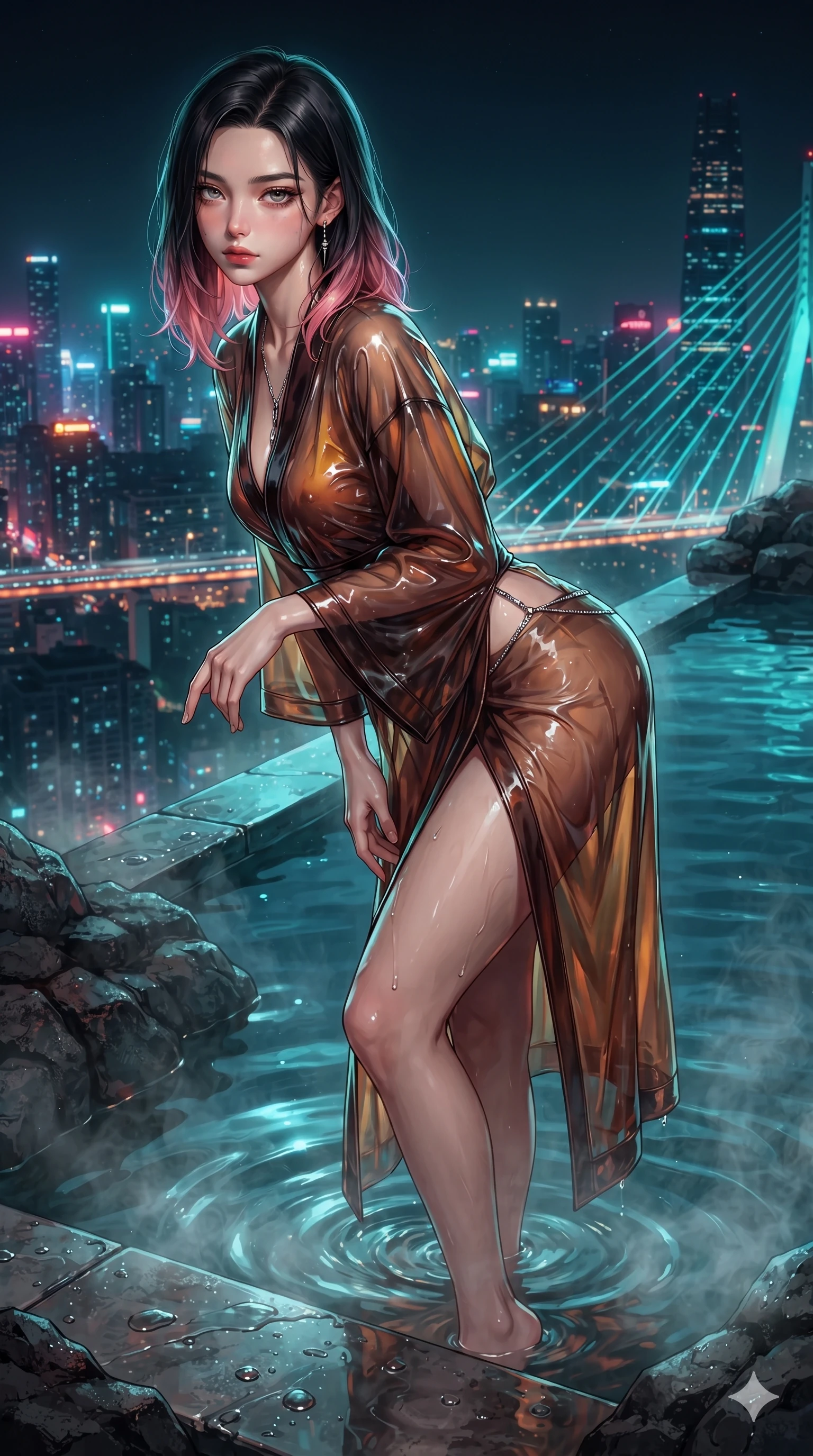 score_9, masterpiece, best quality, ultra-detailed, high-budget anime keyframe, editorial fashion photography, tasteful artistic composition, Korean woman. close-up cowboy shot from the waist and thighs up, the character dominates the composition, filling the frame with her large presence. leaning forward while arching her lower back to accentuate her curvy hips, looking into the camera with an intoxicating smoldering gaze and bedroom-eyes while standing poised ankle-deep in the steaming mineral water at the pool's edge, arching her lower back with sovereign supermodel grace overlooking the neon metropolis. The surrounding environment is rendered in vivid detail and crisp panoramic clarity: sharp textured volcanic basalt rock edges, glistening water droplets on polished stone, and crisp neon bridge cables in deep focus. She has an exceptionally elegant, slender, and willowy female figure with an ultra-slim waist, flat toned midriff, narrow ribcage, and sculpted feminine hips creating an alluring, slim hourglass silhouette without bulk. sharp v-shaped jawline, high-bridge nose, intricate jewel-like sparkling eyes with depth, thick eyelashes, glossy parted lips with a natural sheen, intensely captivating and seductive bedroom-eyes expression, exuding both youthful cute charm and sovereign luxury allure, flawlessly proportioned anatomical accuracy, strict slender model proportions, natural body alignment, perfectly sculpted long slender limbs, ultra-slim waistline, clean dynamic posture without body distortion. wearing a delicate semi-translucent silk yukata that clings to her wet skin and curvy hip contours in rich copper bronze and warm amber, tailored from high-gloss patent leather with mirror-like specular highlights, accented with a chrome-drop body harness subtly framing her dewy collarbones and spine, the high-slit wrap tailoring accentuating her ultra-slim waistline and the enchanting curve of her feminine hips with alluring seductive charm. illuminated by water surface ripple reflections and sharp turquoise-amber rim lights carving her sculpted collarbones, ultra-slim waist, and curvy hips. ultra-reflective glossy finish, specular highlights, rich textural contrasts, high-contrast stereoscopic depth, volumetric dynamic lighting, 2k, ultra detail, master piece, 9:16 ratio