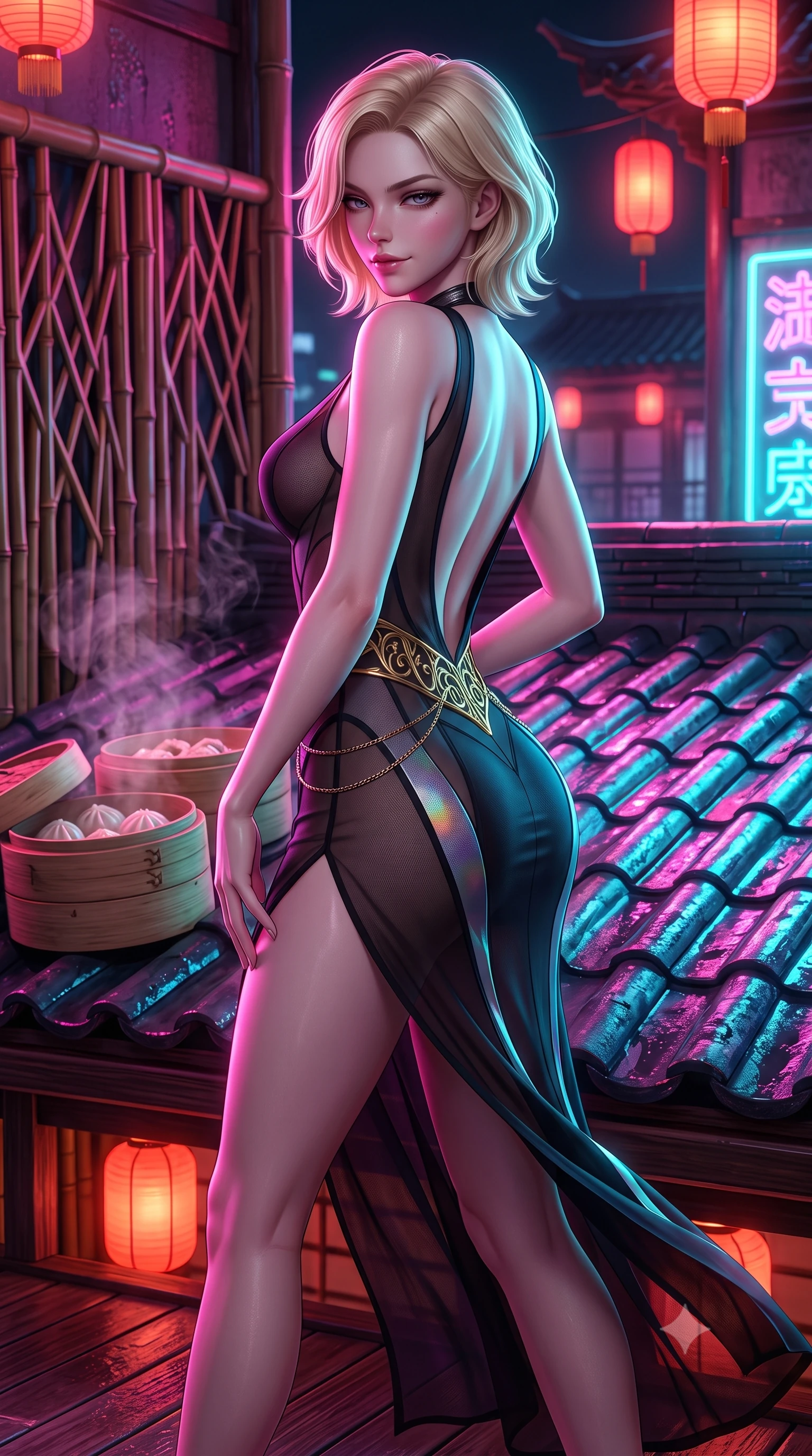 score_9, masterpiece, best quality, ultra-detailed, high-budget anime keyframe, semi-realistic 3D game render, editorial fashion photography, tasteful artistic composition, Caucasian woman. close-up cowboy shot from the waist and thighs up, the character dominates the composition, filling the frame with her large presence. twisting her slender torso in a deep contrapposto stance, hips dramatically shifted to accentuate her feminine curves while looking past her shoulder with smoldering bedroom-eyes while striding across the neon-drenched rooftop deck as steam curls from dim sum bamboo steamers, her high-slit dress fluttering to reveal her long slender legs. The surrounding environment is rendered in vivid detail and crisp panoramic clarity. sharp bamboo lattice textures, wet ceramic roof tiles, and glowing neon tube reflections in deep focus. She has an exceptionally elegant, slender, and willowy female figure with an ultra-slim waist, a gracefully sculpted slender torso, toned flat midriff, and rounded feminine hips creating an alluring hourglass silhouette. sharp v-shaped jawline, high-bridge nose, intricate jewel-like eyes with depth, thick eyelashes, glossy parted lips with a natural sheen, intensely captivating and seductive bedroom-eyes expression, flawlessly proportioned anatomical accuracy, strict slender model proportions, natural body alignment, perfectly sculpted long slender limbs, ultra-slim waistline, clean dynamic posture without body distortion. wearing a sleek obsidian column dress with gold filigree hip cincher and plunging backline in holographic silver prism and deep graphite, made of sheer contouring power-mesh panels with anatomical curve lines, complemented by a delicate metallic hip chain catching the neon rain caustics, the dramatically scooped open back descending to the base of her spine, accentuating her razor-sharp statuesque lines and curvy hourglass silhouette. bathed in vibrant magenta and electric cyan neon light contrasting with warm lantern scarlet downlights. highly saturated vibrant anime colors, detailed shading with soft gradients, rich glossy textures, high-contrast stereoscopic depth, volumetric dynamic lighting, master piece, 9:16 ratio